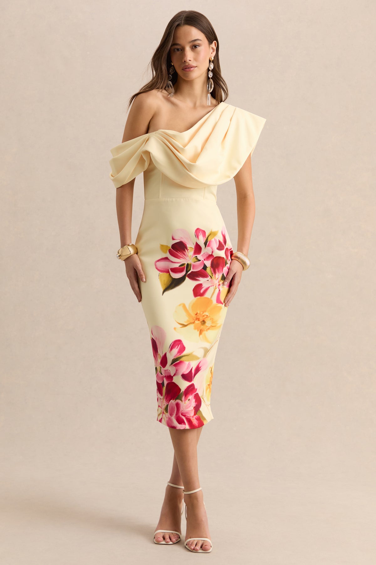 ECMH-HR-CL134967283 - Adrina - Hot Pink & Lemon Floral Print Draped One Shoulder Midi Dress 02.jpg