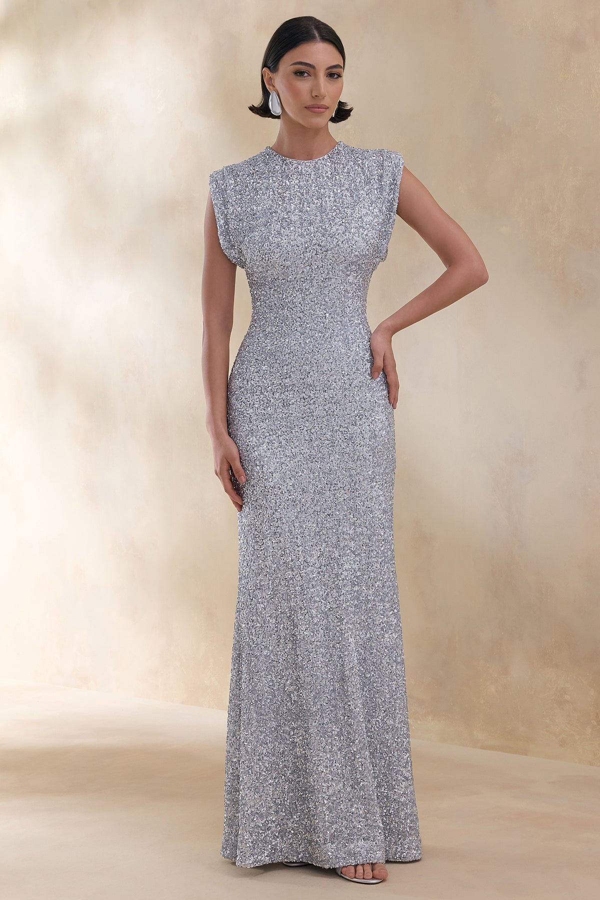 ECM_HR_CL136685013 Aurah | Silver Sequin Crew-Neck Maxi Dress With Cap Sleeves 0.jpg