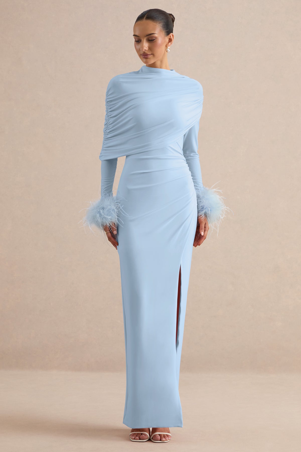 CL136990013  - Gatsby | Light Blue High-Neck Maxi Dress With Feather Trim Cuffs + CL138534013 - Gatsby | Light Blue Feather Trim Cuffs 0.jpg