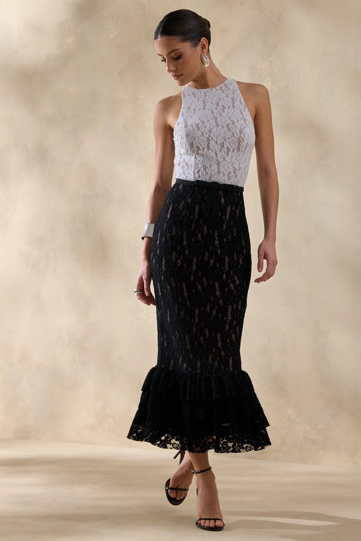 ECM_HR_CL137244141 - Vionna | Black And White Lace High-Neck Midi Dress With Bow-Belt Detail 4.jpg