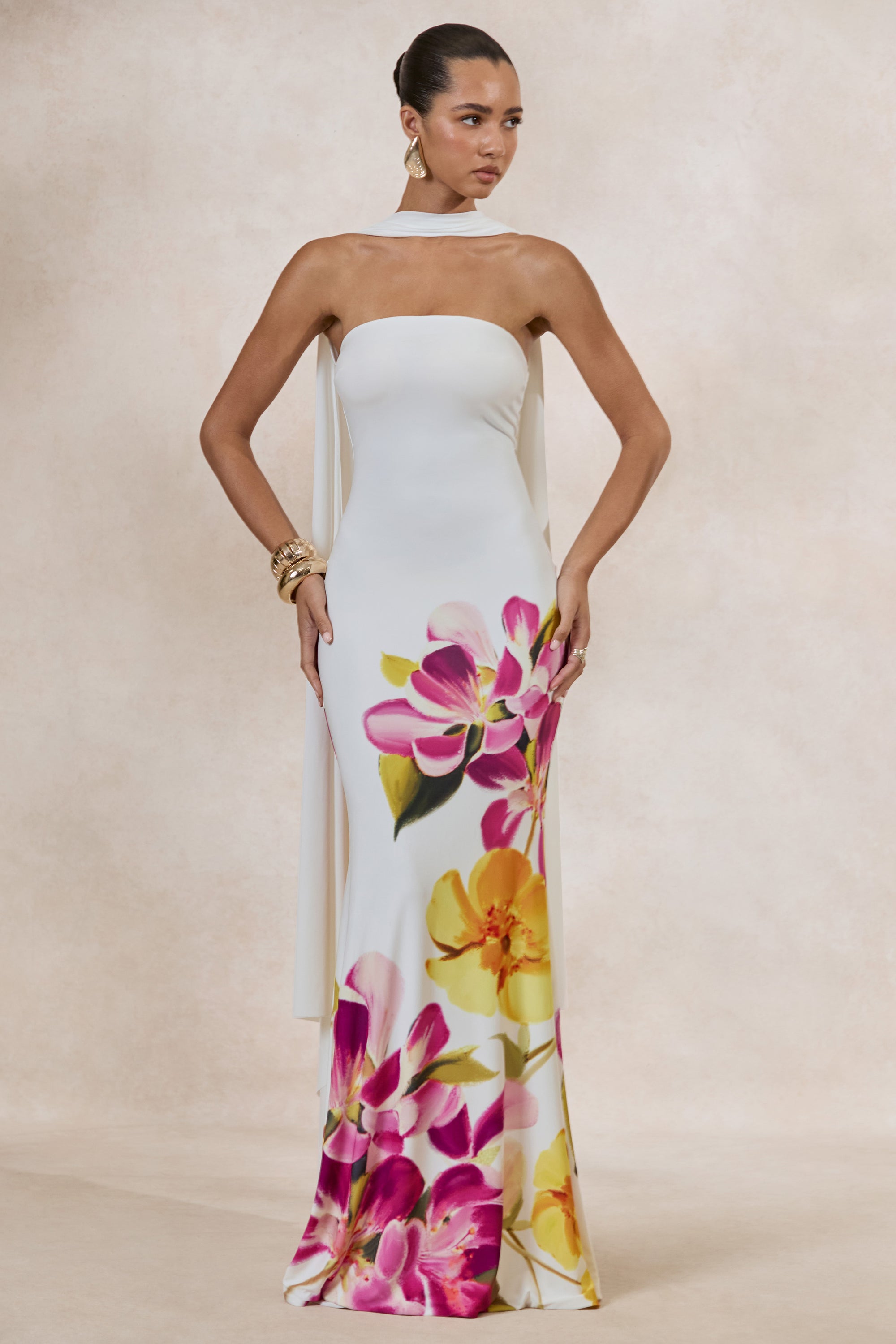 ECM_HR_CL137335112 - Brooke _ Hot Pink And Lemon Floral Print Bandeau Neck Maxi Dress With Scarf 1.jpg