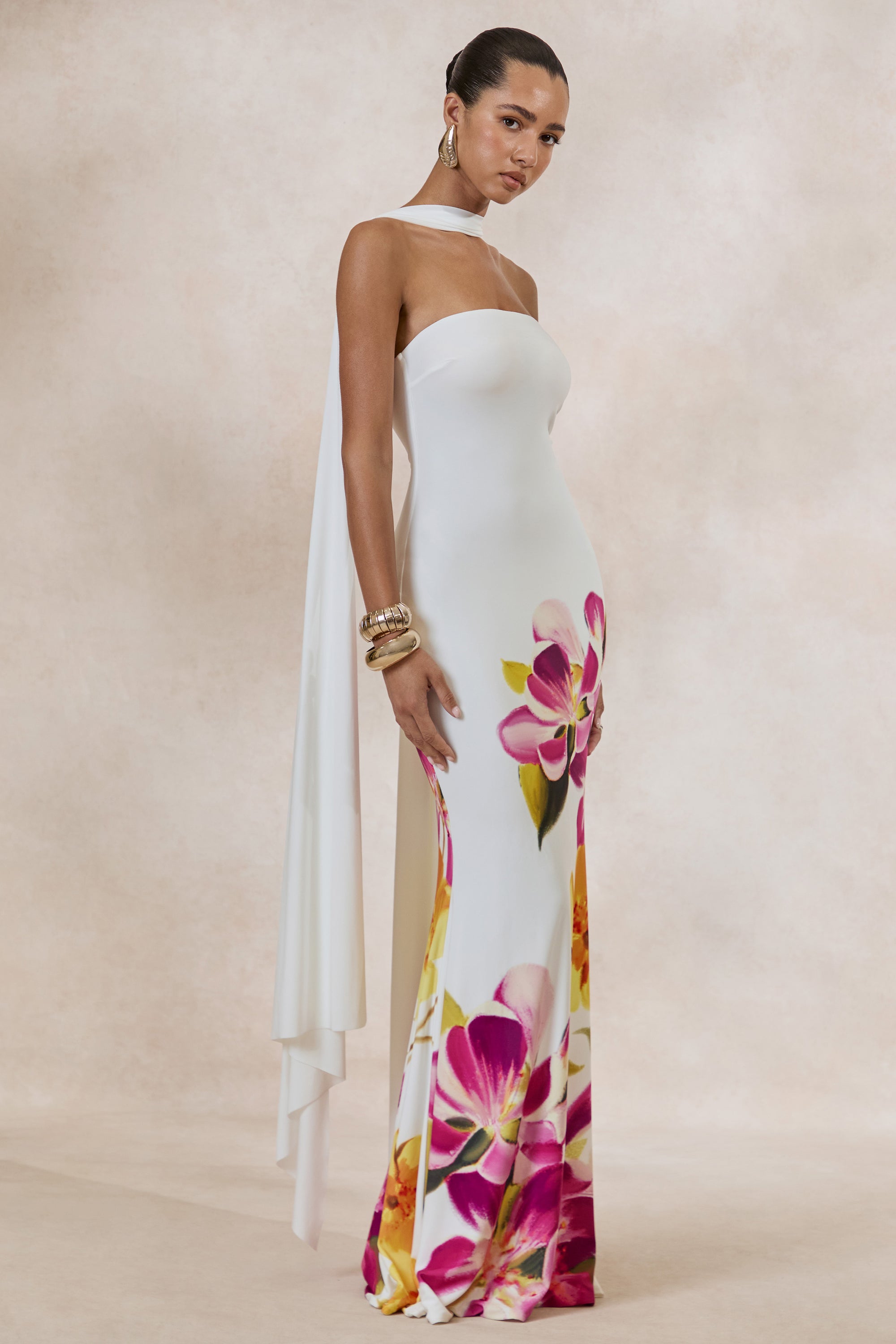 ECM_HR_CL137335112 - Brooke _ Hot Pink And Lemon Floral Print Bandeau Neck Maxi Dress With Scarf 2.jpg
