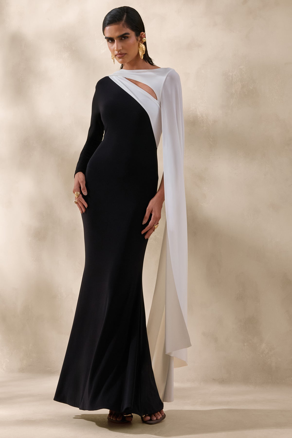 ECM_HR_CL137551002 - Dabria _ Black And White Asymmetric-Neck Maxi Dress With Cape-Sleeve 0.jpg