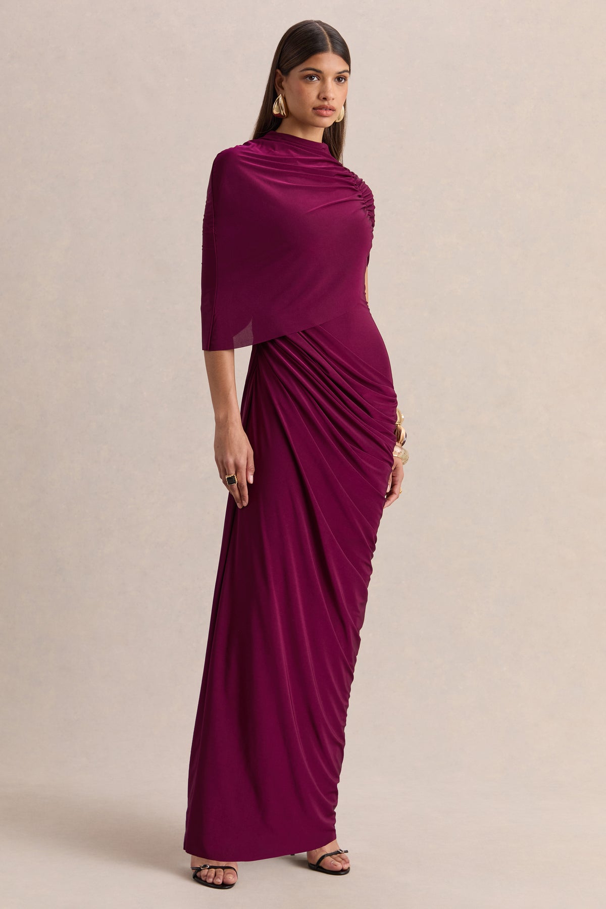 ECM_HR_CL137651102 - Lunaline _ Burgundy High-Neck Maxi Dress With Asymmetric Cape And Draped-Detailing 08.jpg