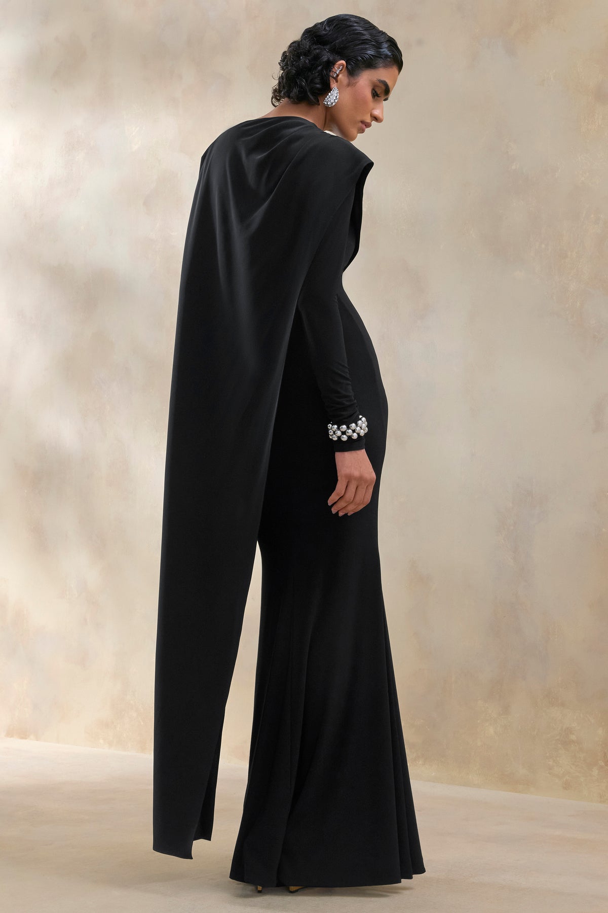 ECM_HR_CL137666001 - Salenne _ Black Round-Neck Maxi Dress With Satin Asymmetric-Cape 2.jpg