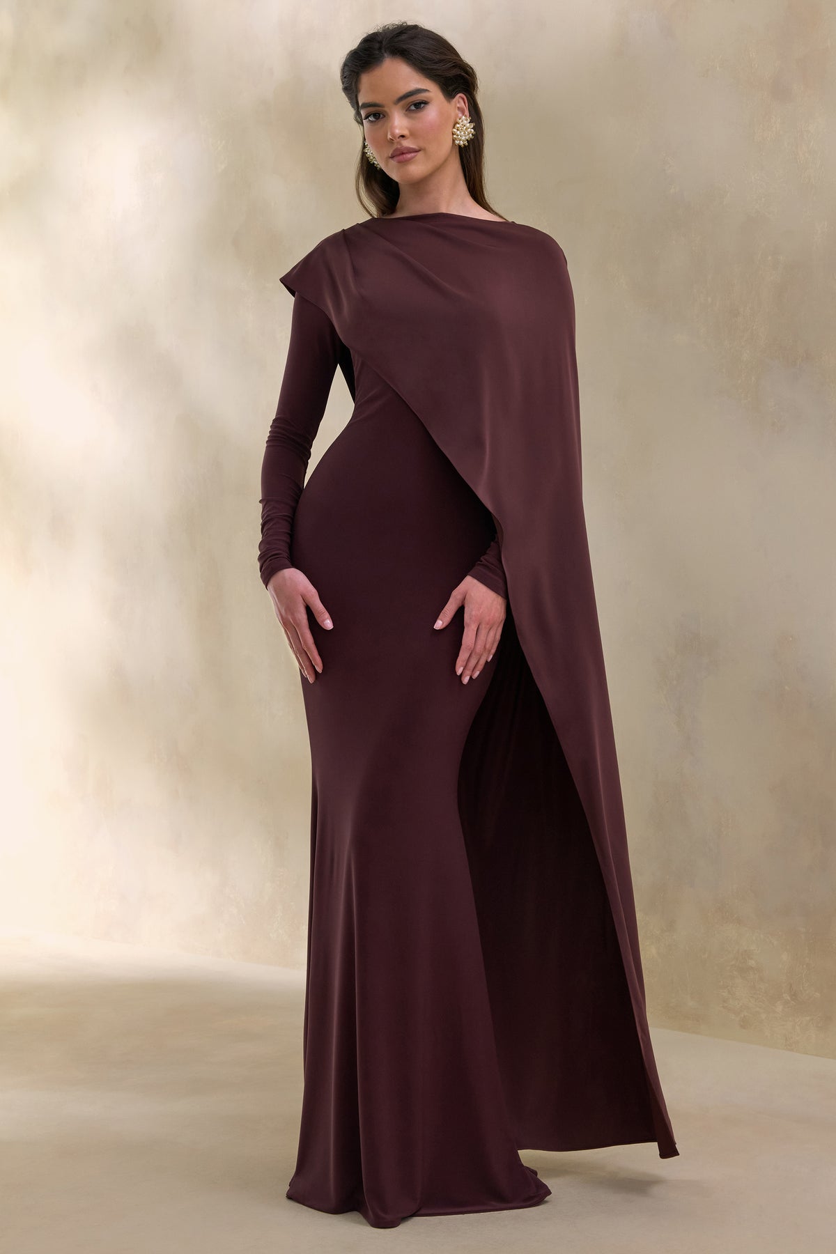 ECM_HR_CL137666022 - Salenne | Brown Round-Neck Maxi Dress With Satin Asymmetric-Cape 6.jpg