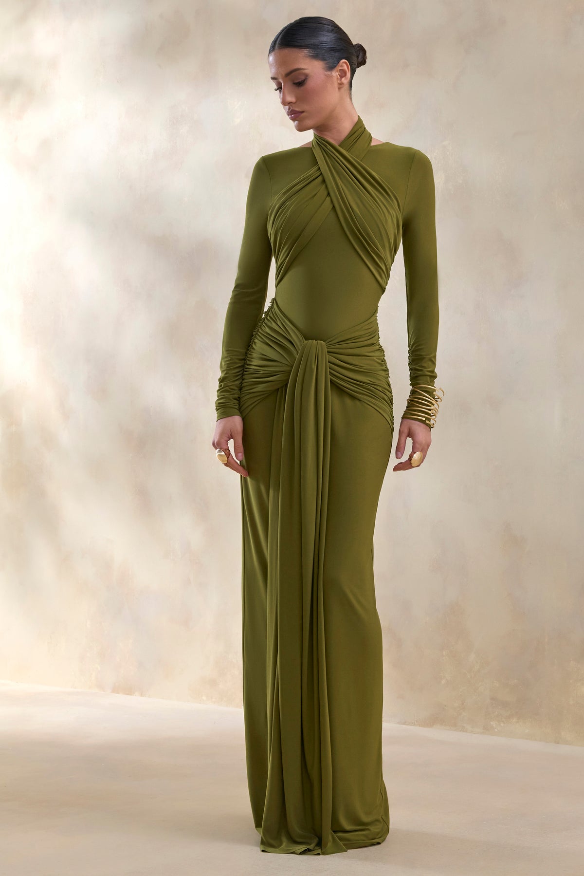 ECM_HR_CL137691031 - Linessa _ Olive High-Neck Maxi Dress With Sash And Gathered-Detailing 1.jpg