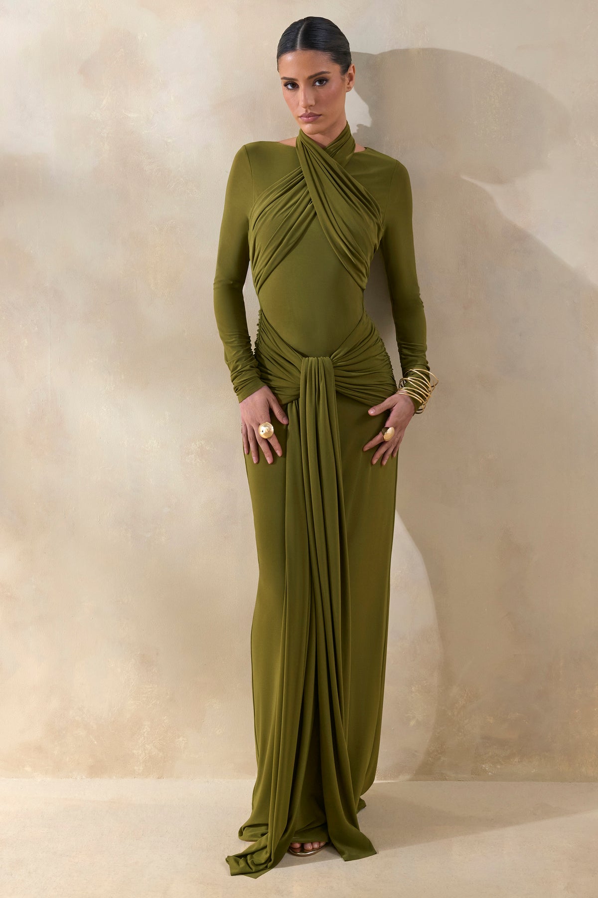 ECM_HR_CL137691031 - Linessa _ Olive High-Neck Maxi Dress With Sash And Gathered-Detailing 3.jpg