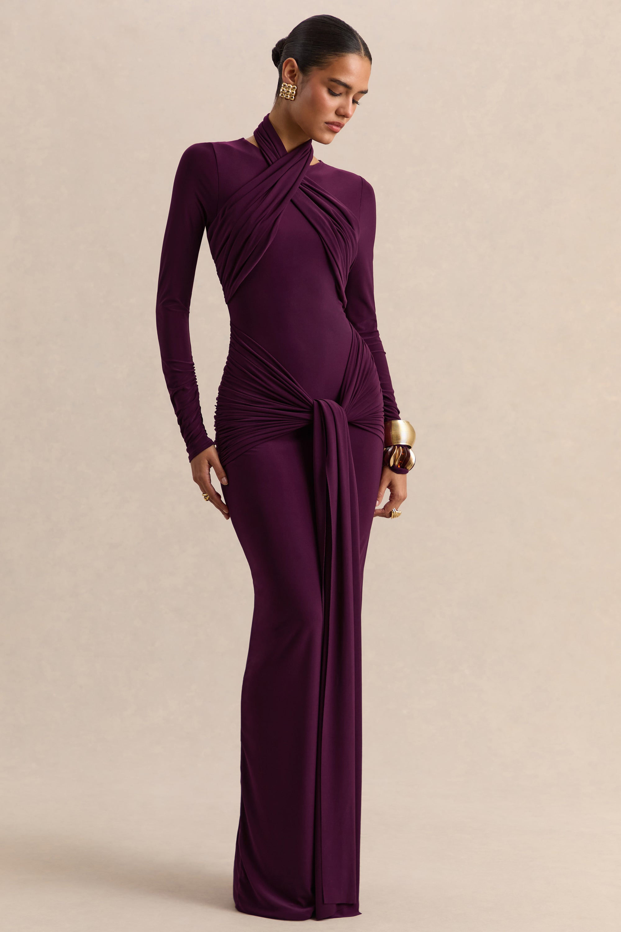 ECM_HR_CL137691090 - Linessa - Dark Plum High-Neck Maxi Dress With Sash And Gathered-Detailing 02.jpg