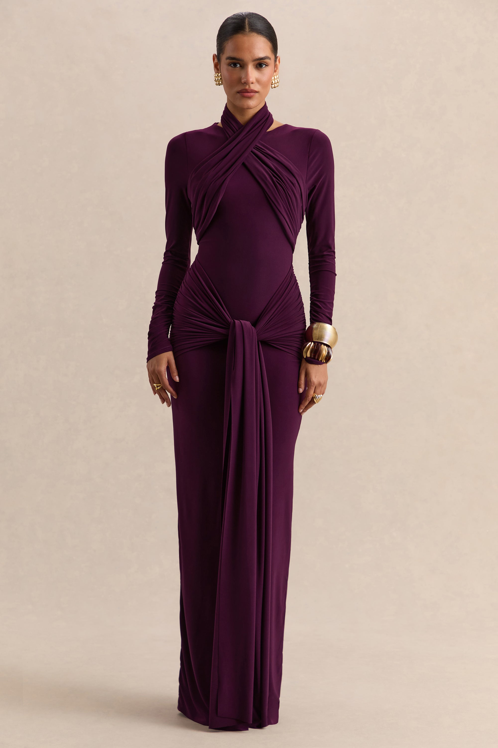 ECM_HR_CL137691090 - Linessa - Dark Plum High-Neck Maxi Dress With Sash And Gathered-Detailing 08.jpg