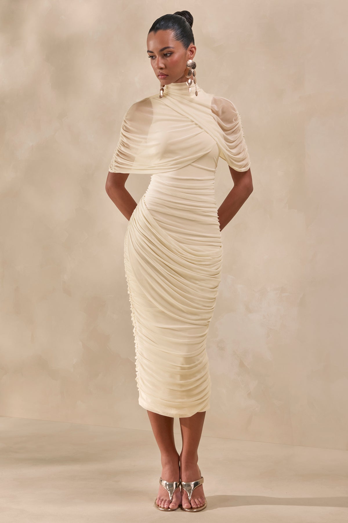 CL137704111 - Fleurise _ Cream Mesh High-Neck Midi Dress With Short Cape-Sleeves And Gathered-Detailing0.jpg