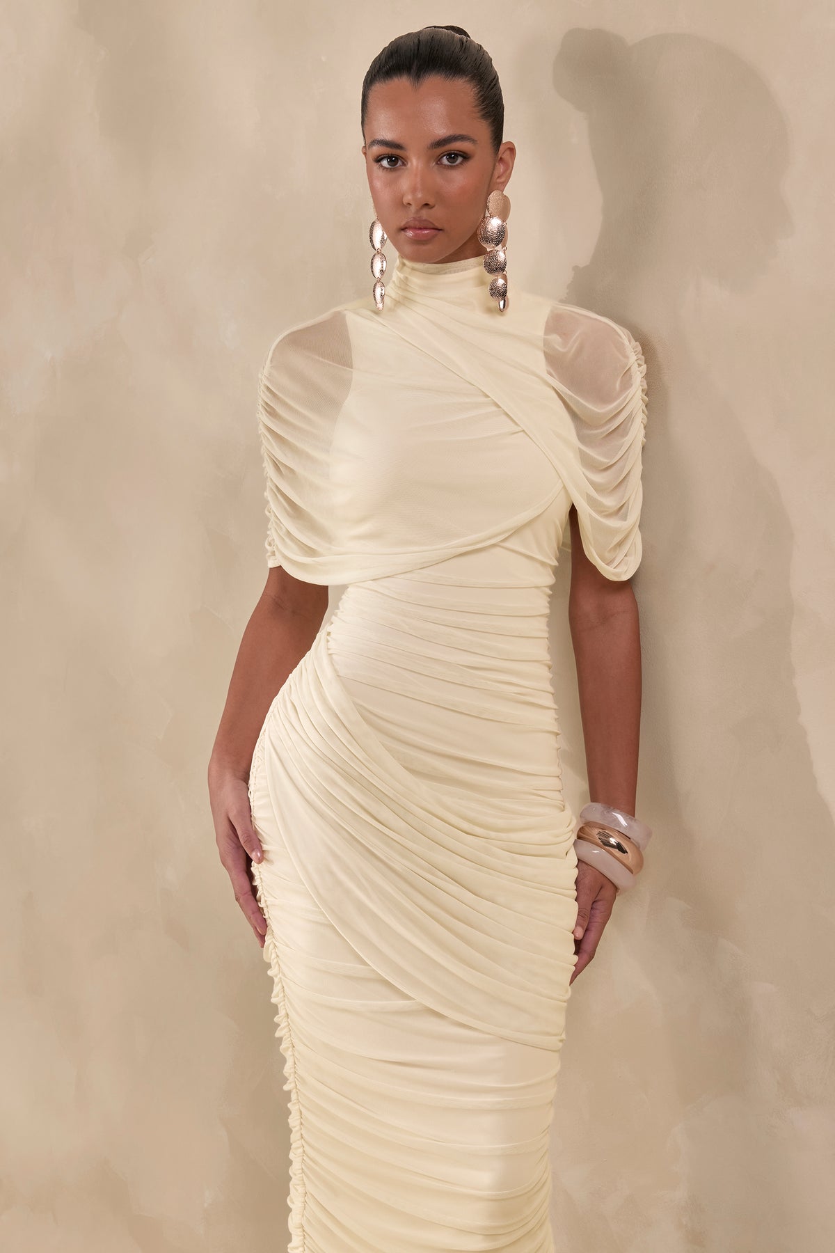 CL137704111 - Fleurise _ Cream Mesh High-Neck Midi Dress With Short Cape-Sleeves And Gathered-Detailing2.jpg