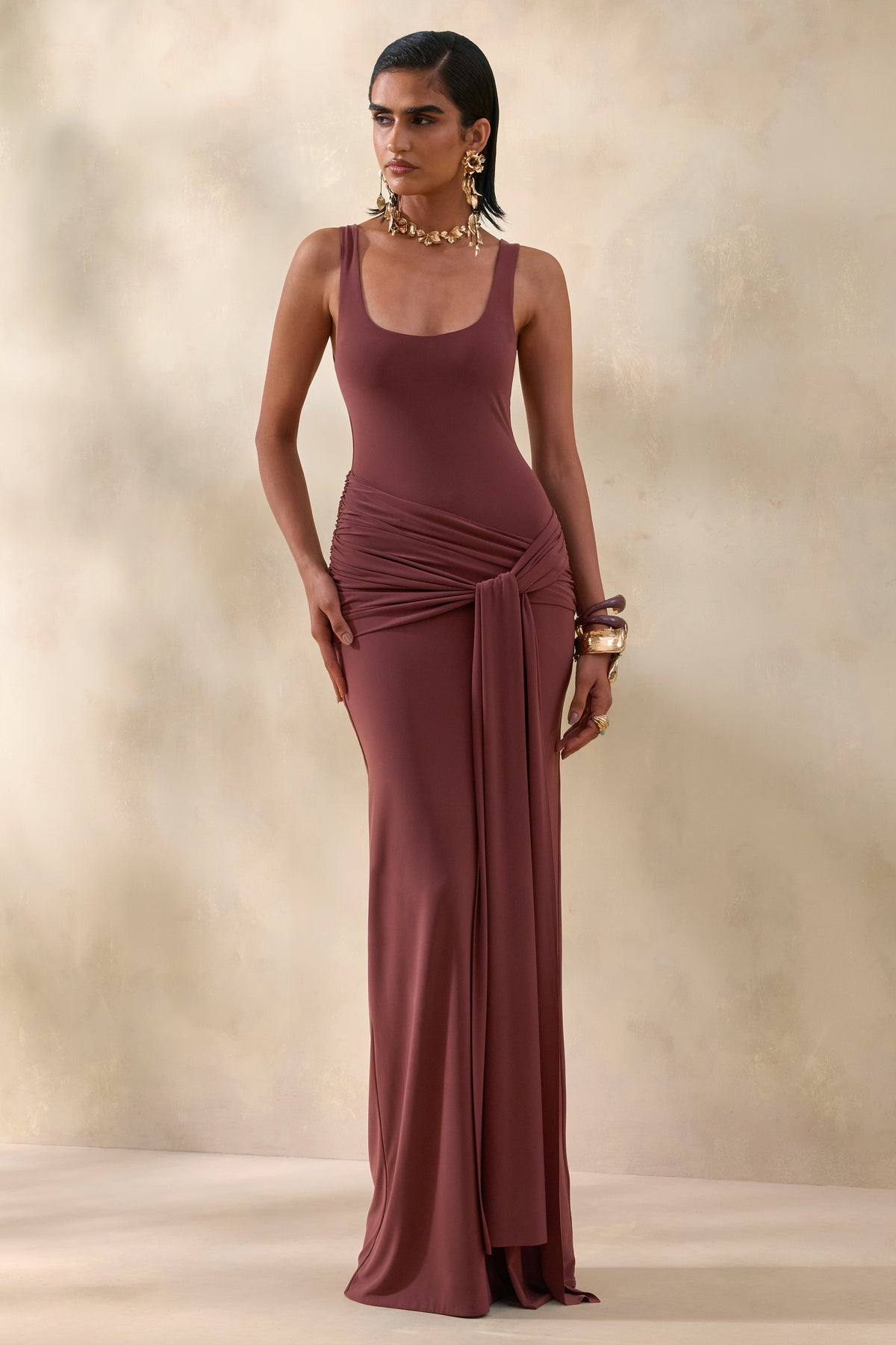ECM_HR_CL137889021 -Lienna | Brown Scoop-Neck Maxi Dress With Gathered-Detail And Sash 1.jpg
