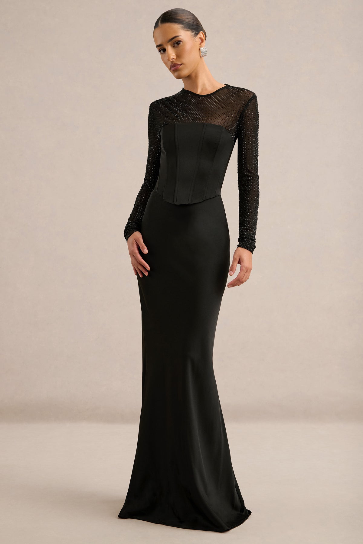 ECM_HR_CL138175001 - Ellerie _ Black Satin Round-Neck Maxi Dress With Mesh Long Sleeves2.jpg