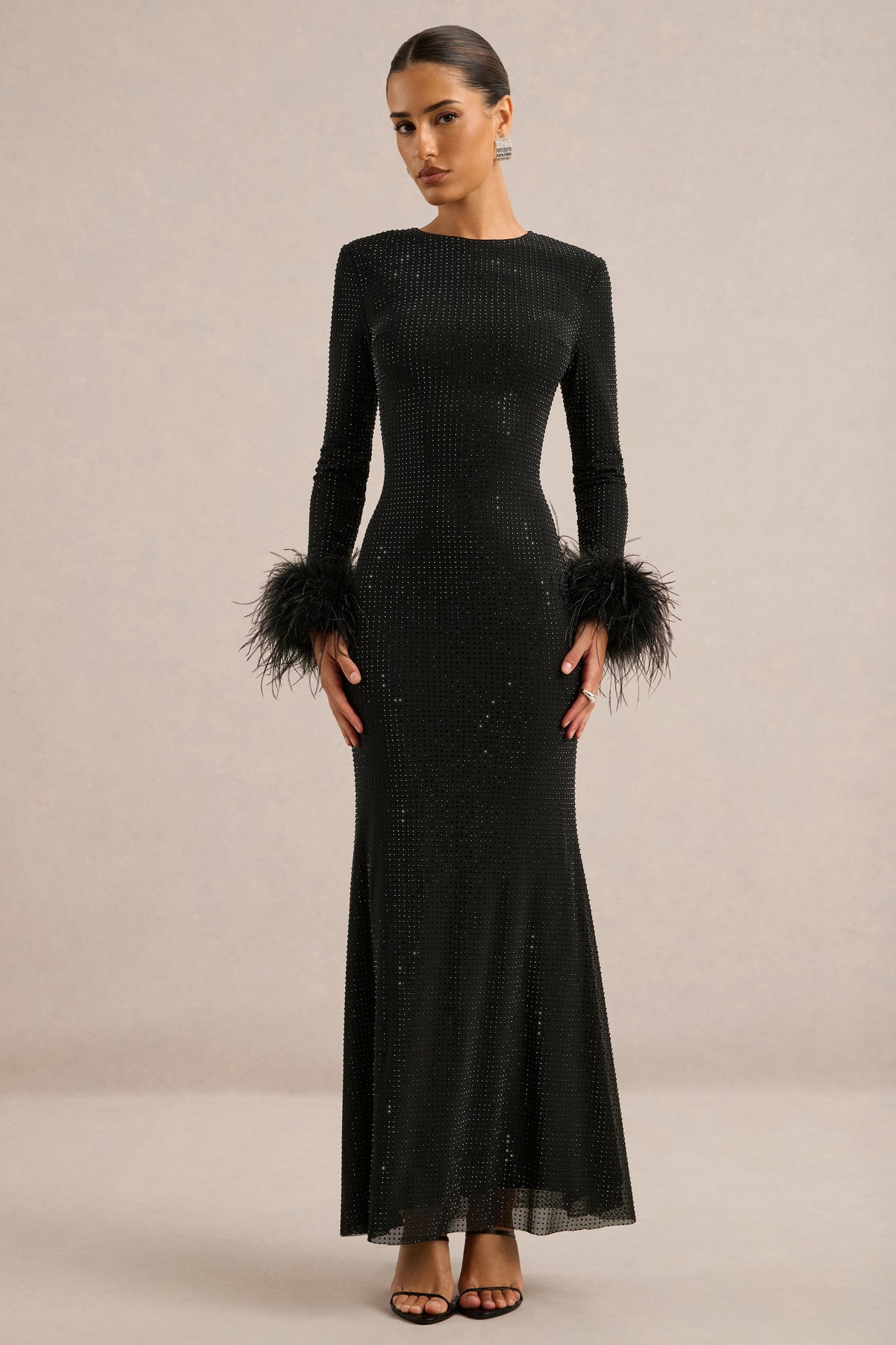 ECM_HR_CL138394001 - Garance _ Black Hotfix Round-Neck Maxi Dress With Feather Trim Cuffs1.jpg