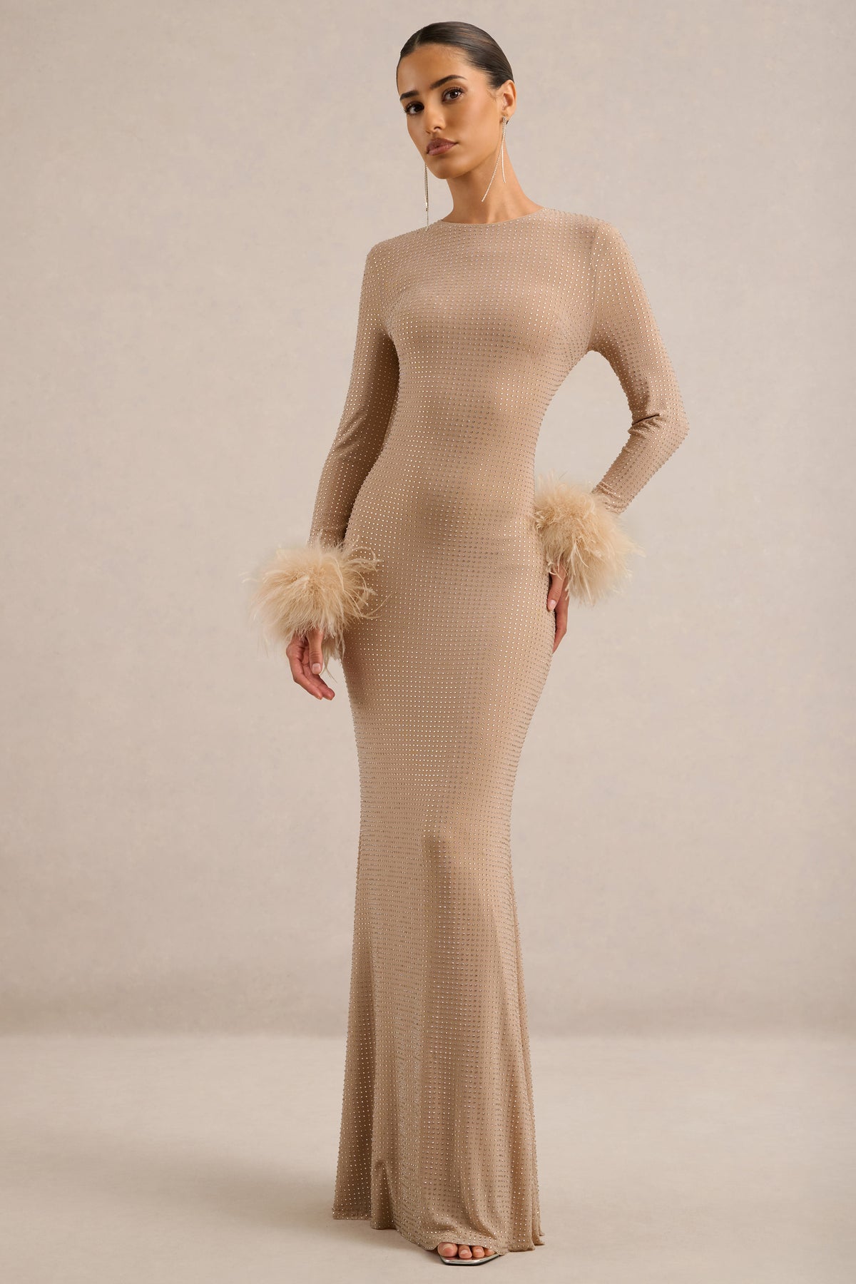 ECM_HR_CL138394060 - Garance _ Champagne Hotfix Round-Neck Maxi Dress With Feather Trim Cuffs2.jpg