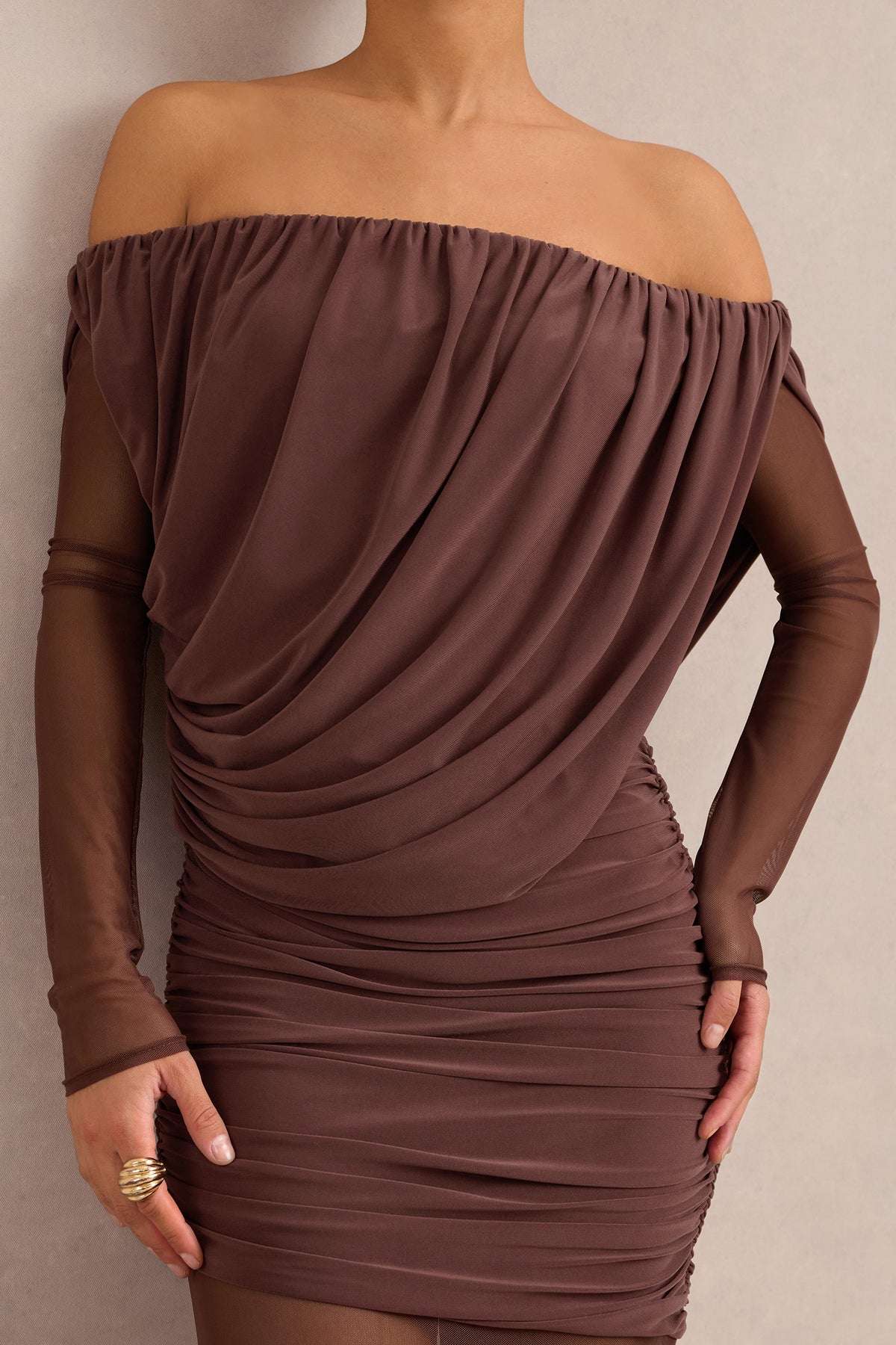 ECM_HR_CL138432022 - Amaline | Dark Brown Mesh Bardot-Neck Maxi Dress With Draped Detailing3.jpg