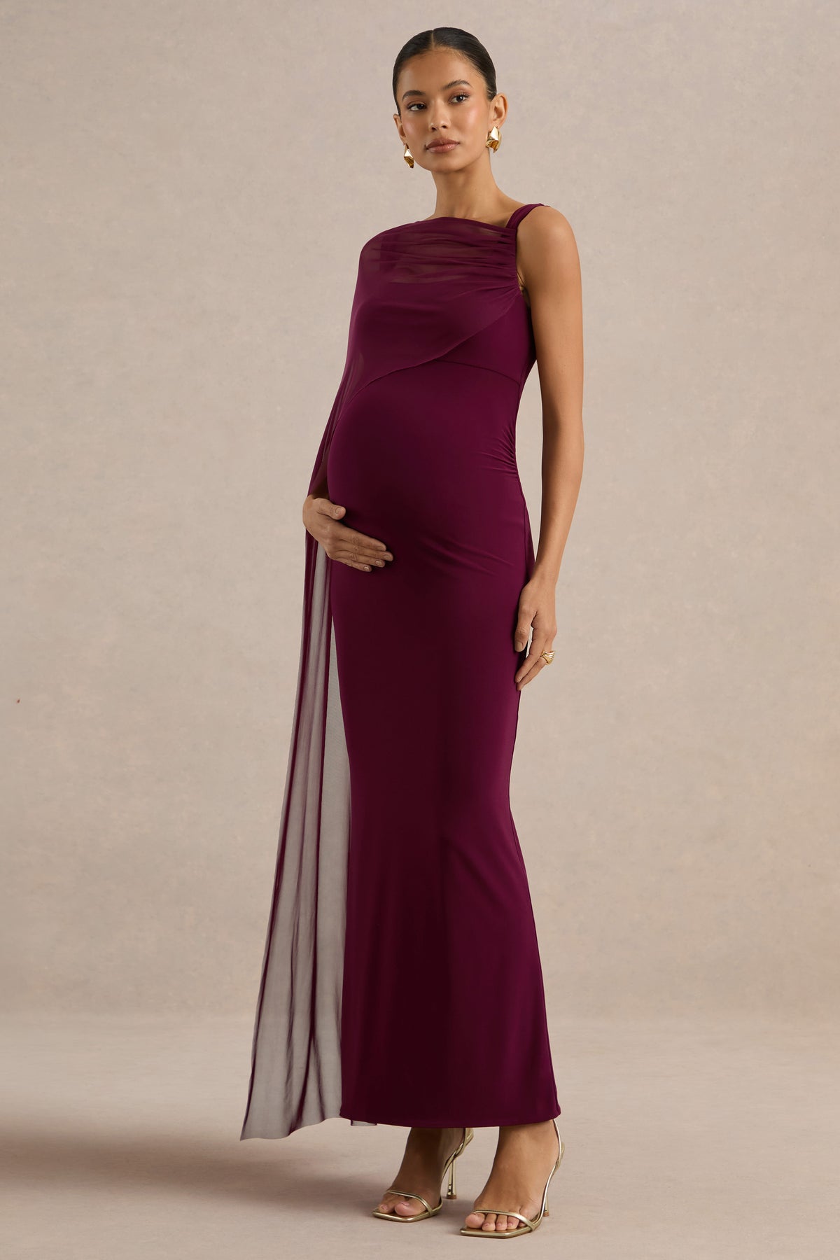 ECM_HR_CL138471102 - Camora | Burgundy Asymmetric-Neck Maternity Maxi Dress With Sheer Cape Sleeve2.jpg