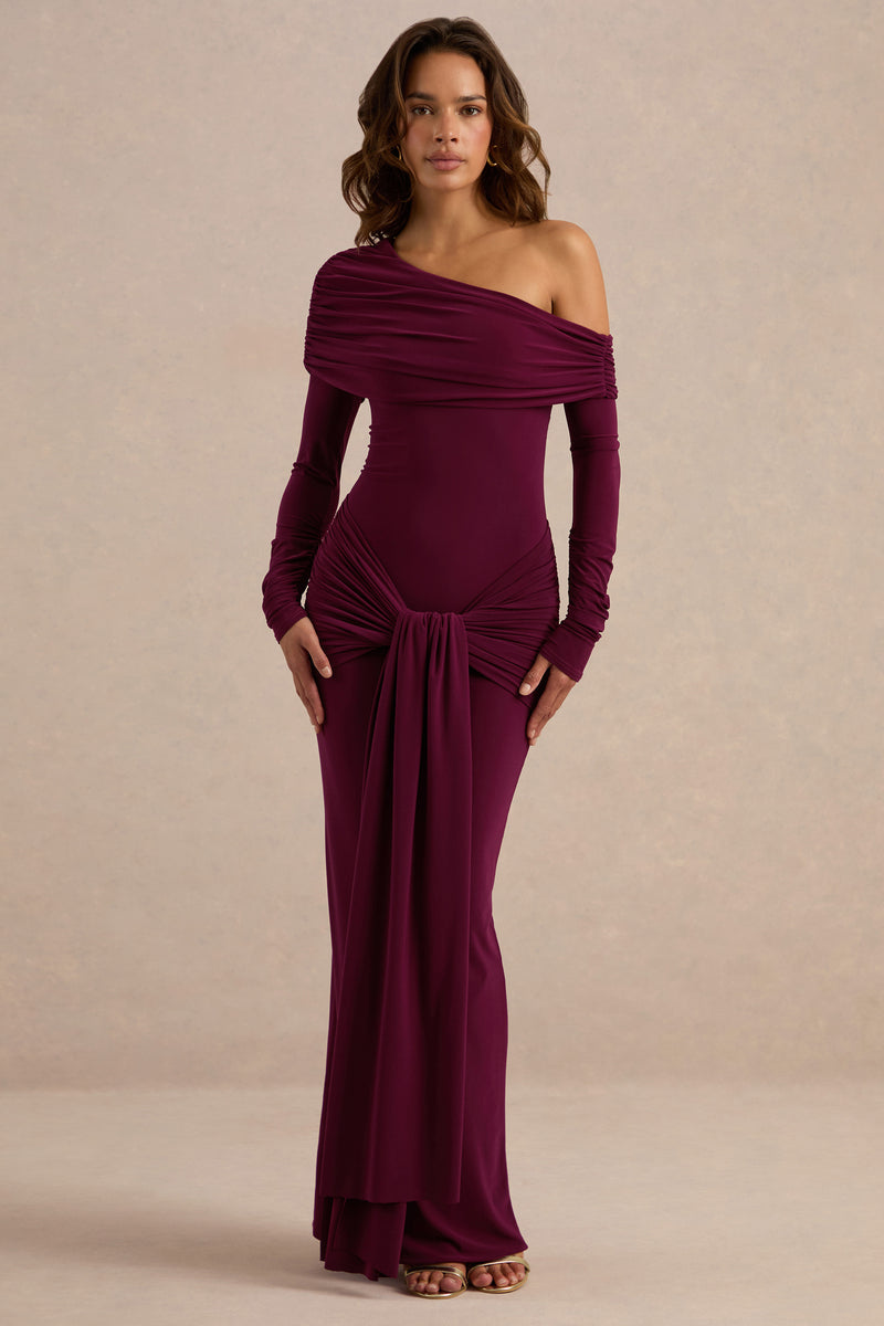 ECM_HR_CL138681102 - Avonlea Burgundy Asymmetric-Neck Maxi Dress With Gathered Detailing0.jpg