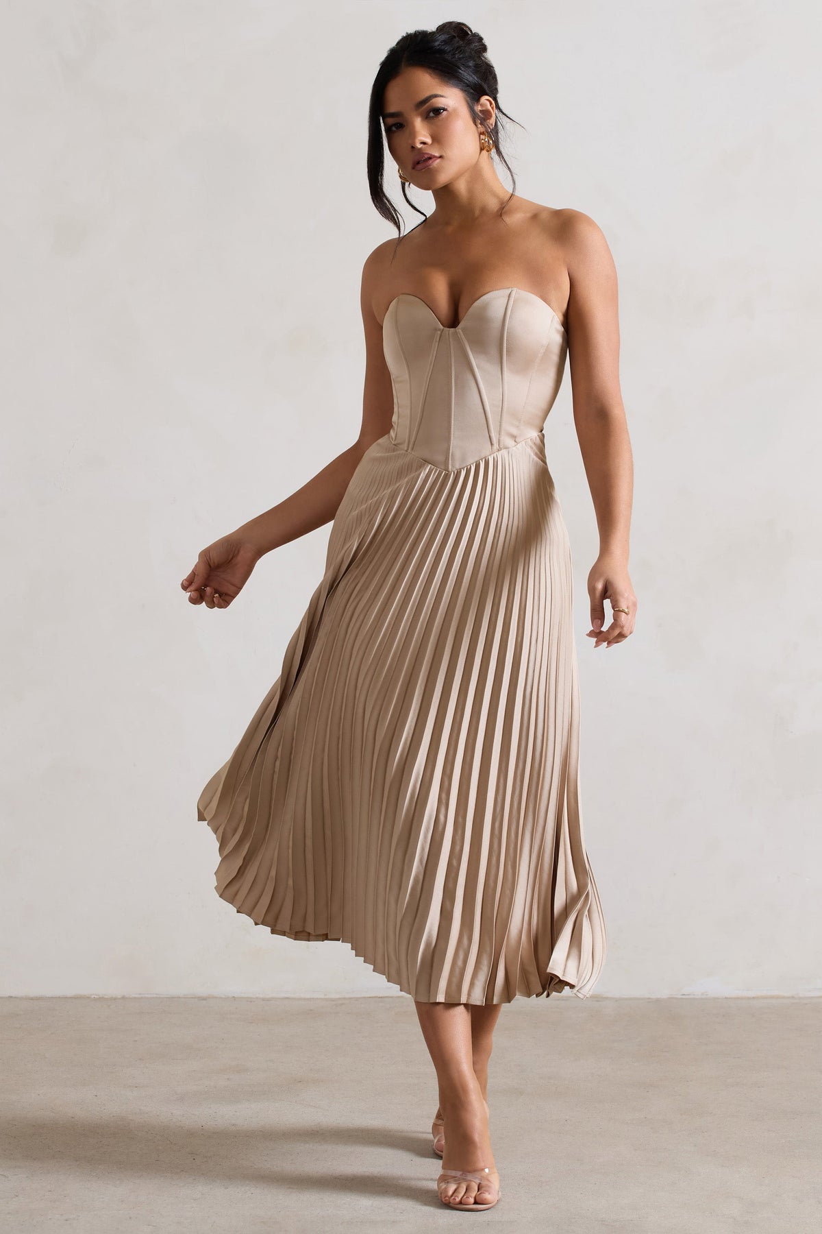 Bordeaux | Szampanowa Satynowa Sukienka Midi z Gorsetem