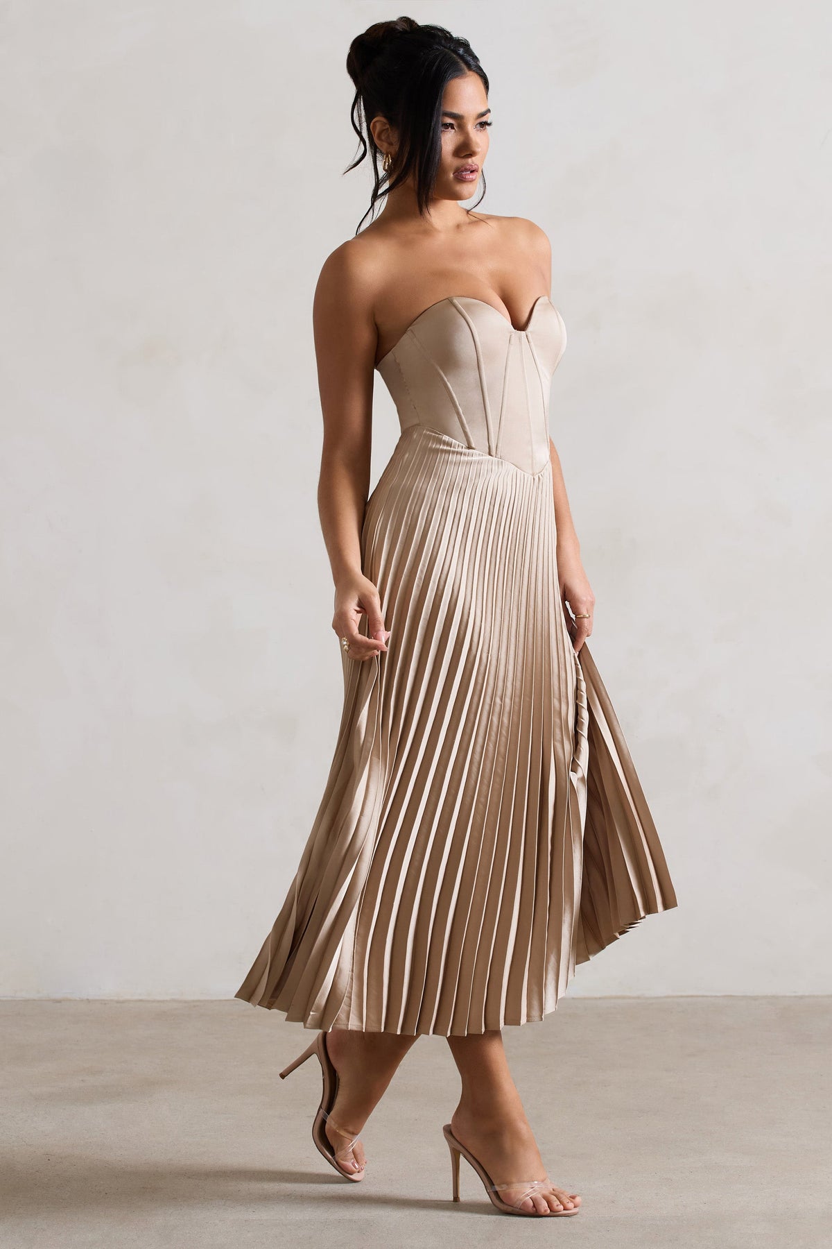 Bordeaux | Szampanowa Satynowa Sukienka Midi z Gorsetem