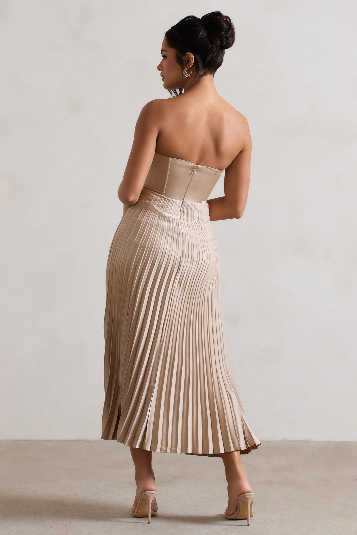 Bordeaux | Szampanowa Satynowa Sukienka Midi z Gorsetem