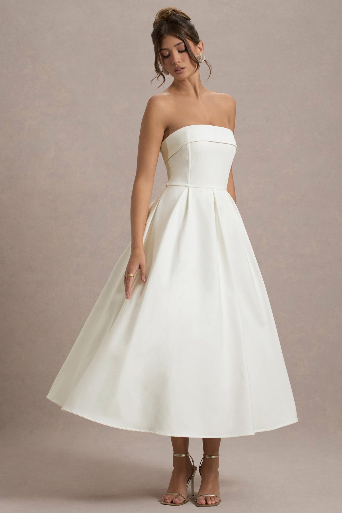 Annalise | Ecru Sukienka Midi typu skater z Dekoltem Typu Bandeau