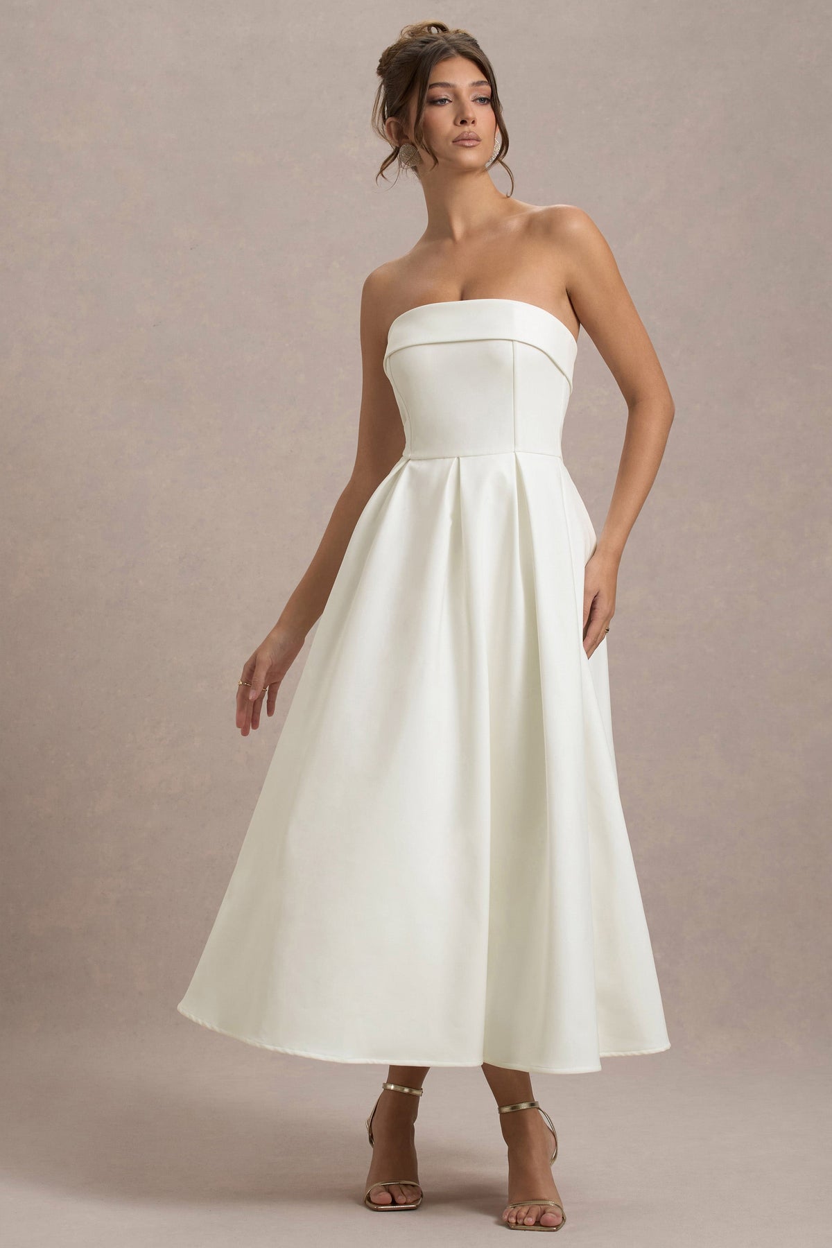 Annalise | Ecru Sukienka Midi typu skater z Dekoltem Typu Bandeau