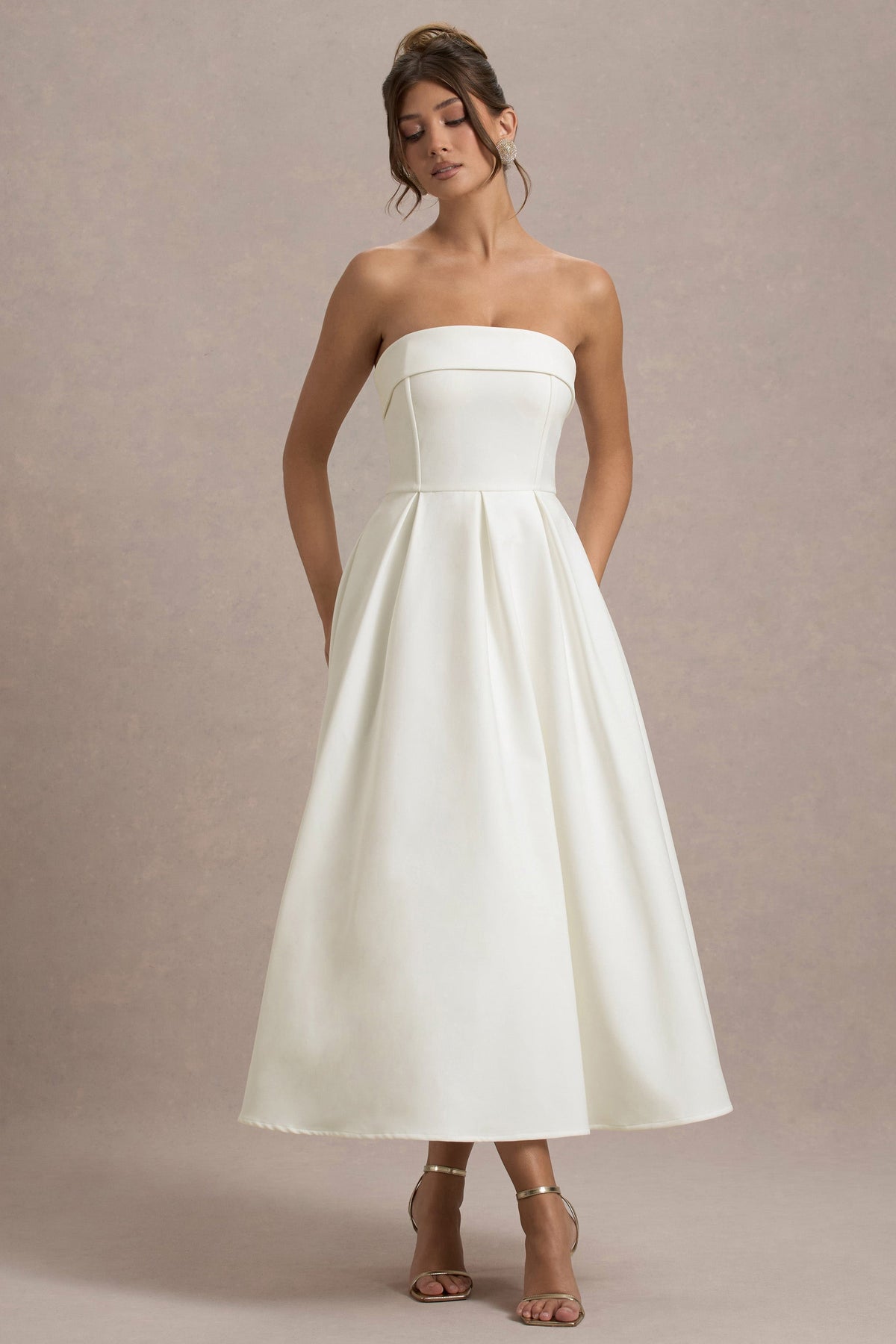 Annalise | Ecru Sukienka Midi typu skater z Dekoltem Typu Bandeau