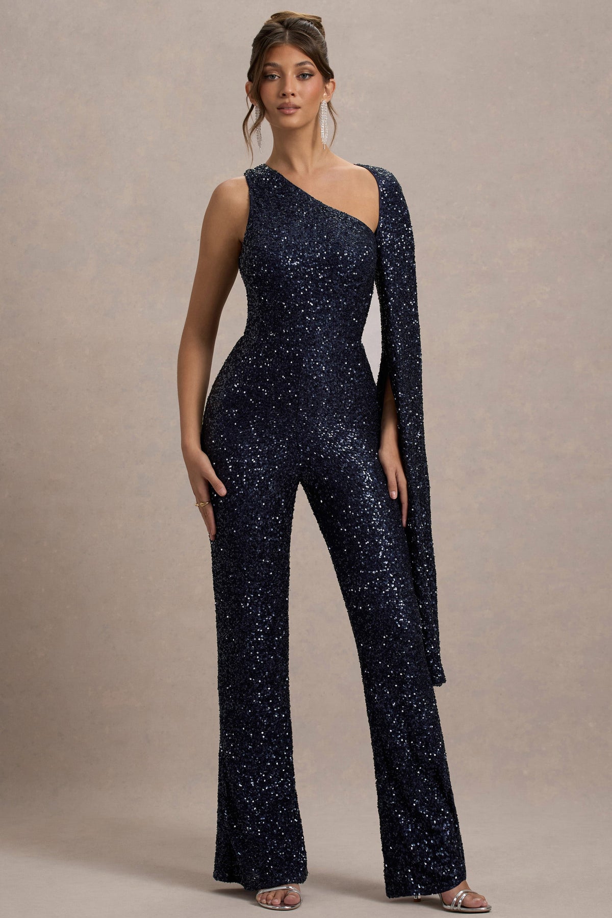 Star Seeker | Granatowy Cekinowy Kombinezonna jedno ramię z Rękawem typu pelerynka