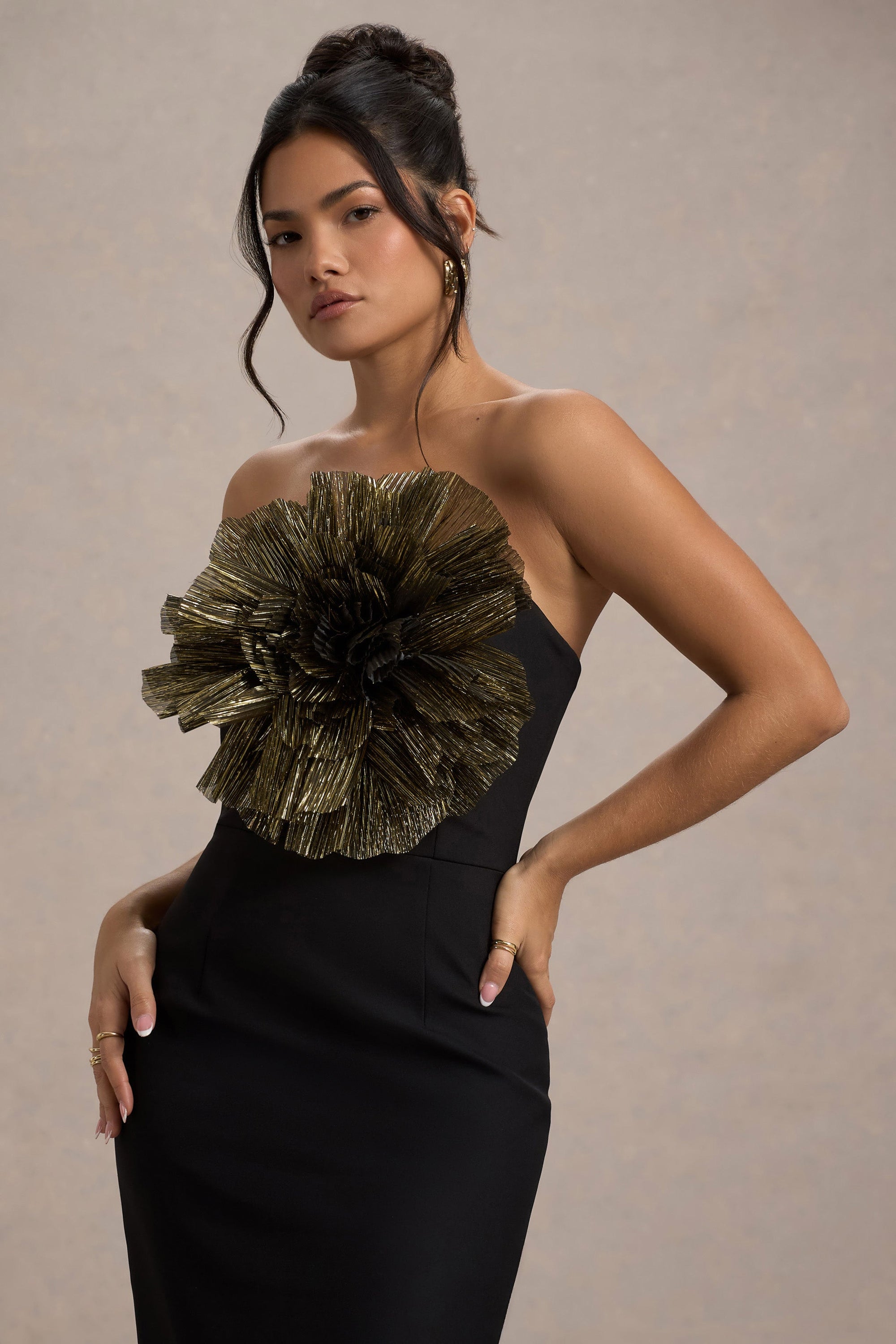 Moya | Czarno-Złota Sukienka midi typu Bodycon z Detalem gorsetu