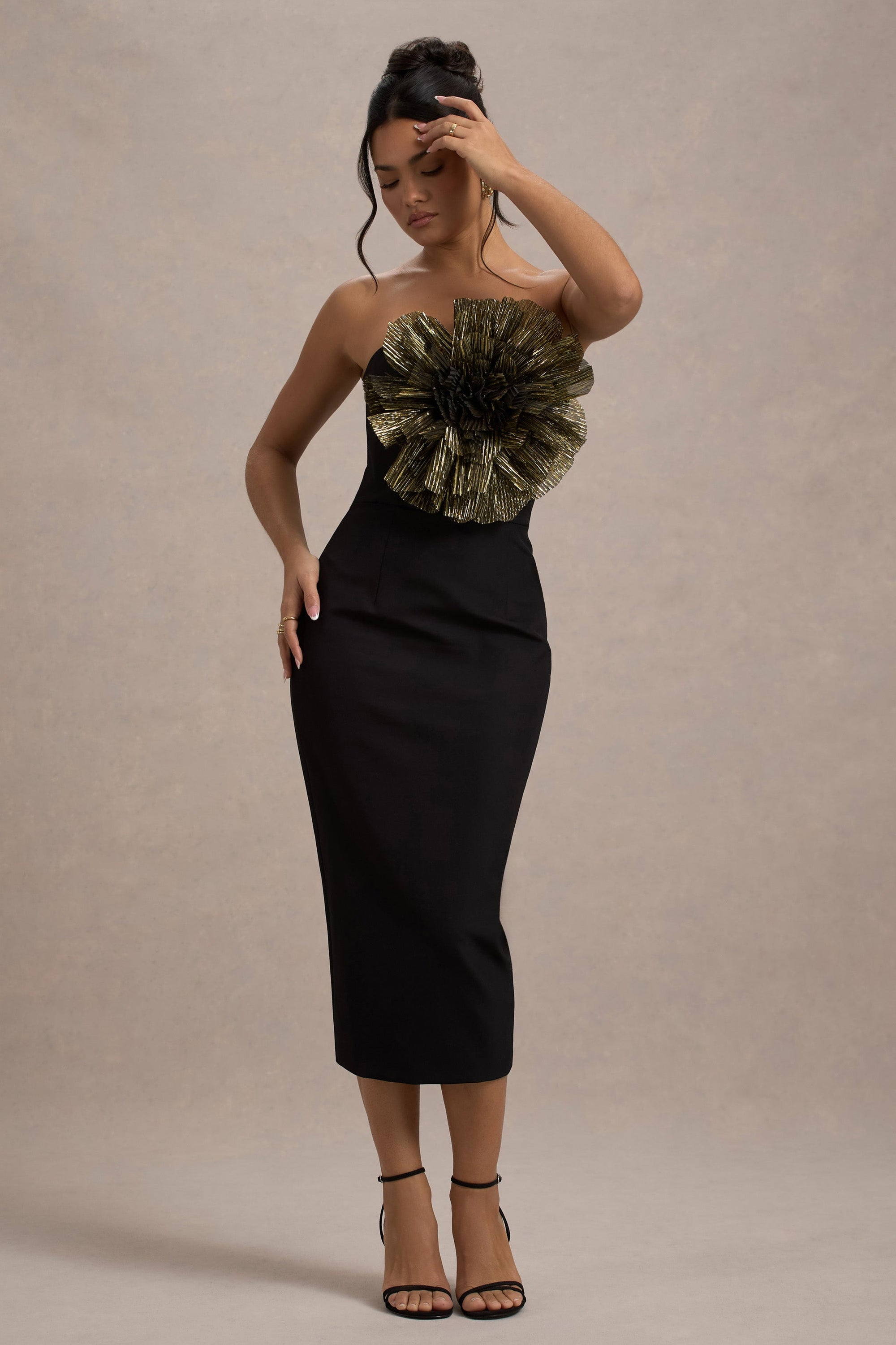 Moya | Czarno-Złota Sukienka midi typu Bodycon z Detalem gorsetu