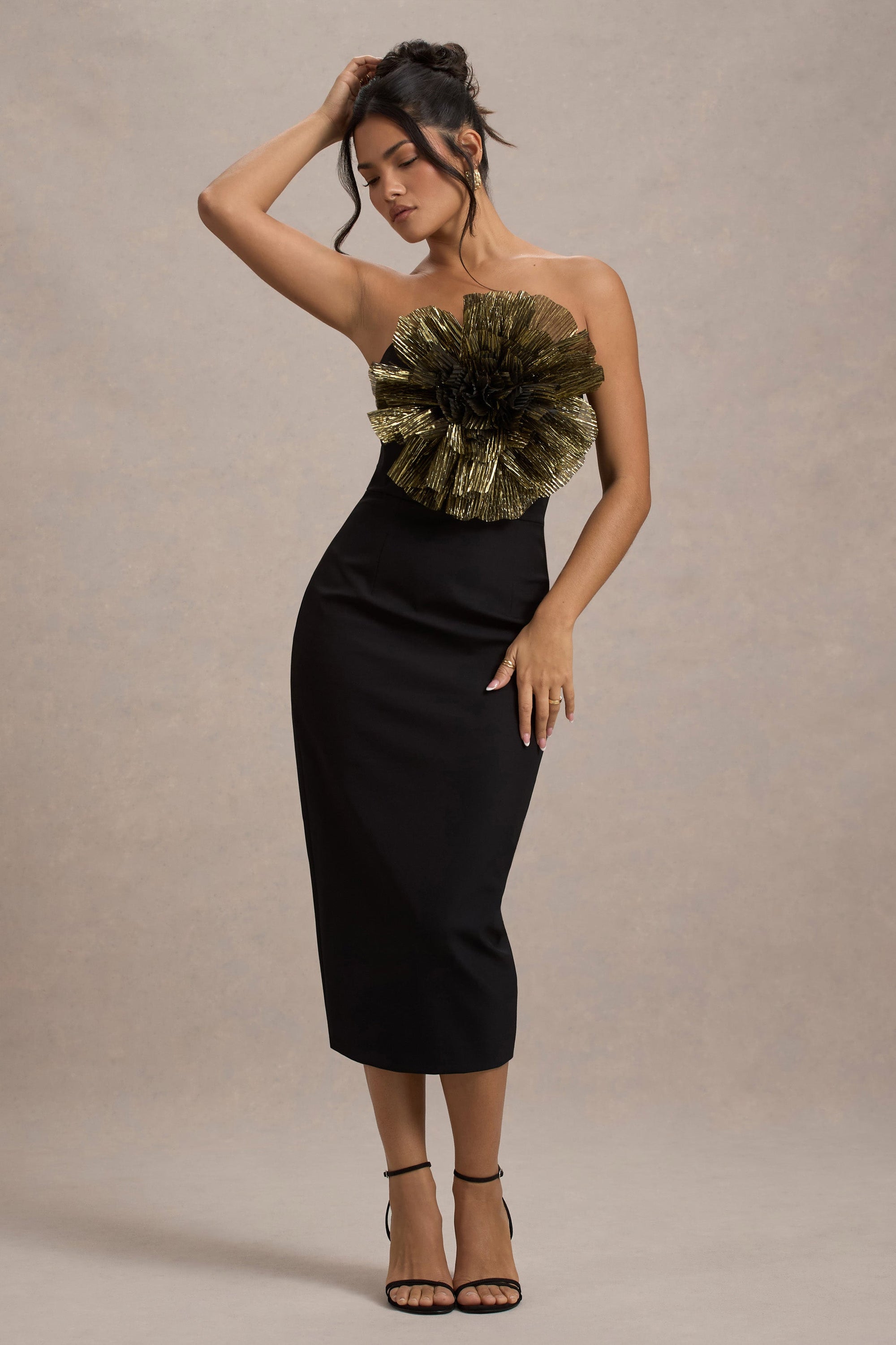 Moya | Czarno-Złota Sukienka midi typu Bodycon z Detalem gorsetu