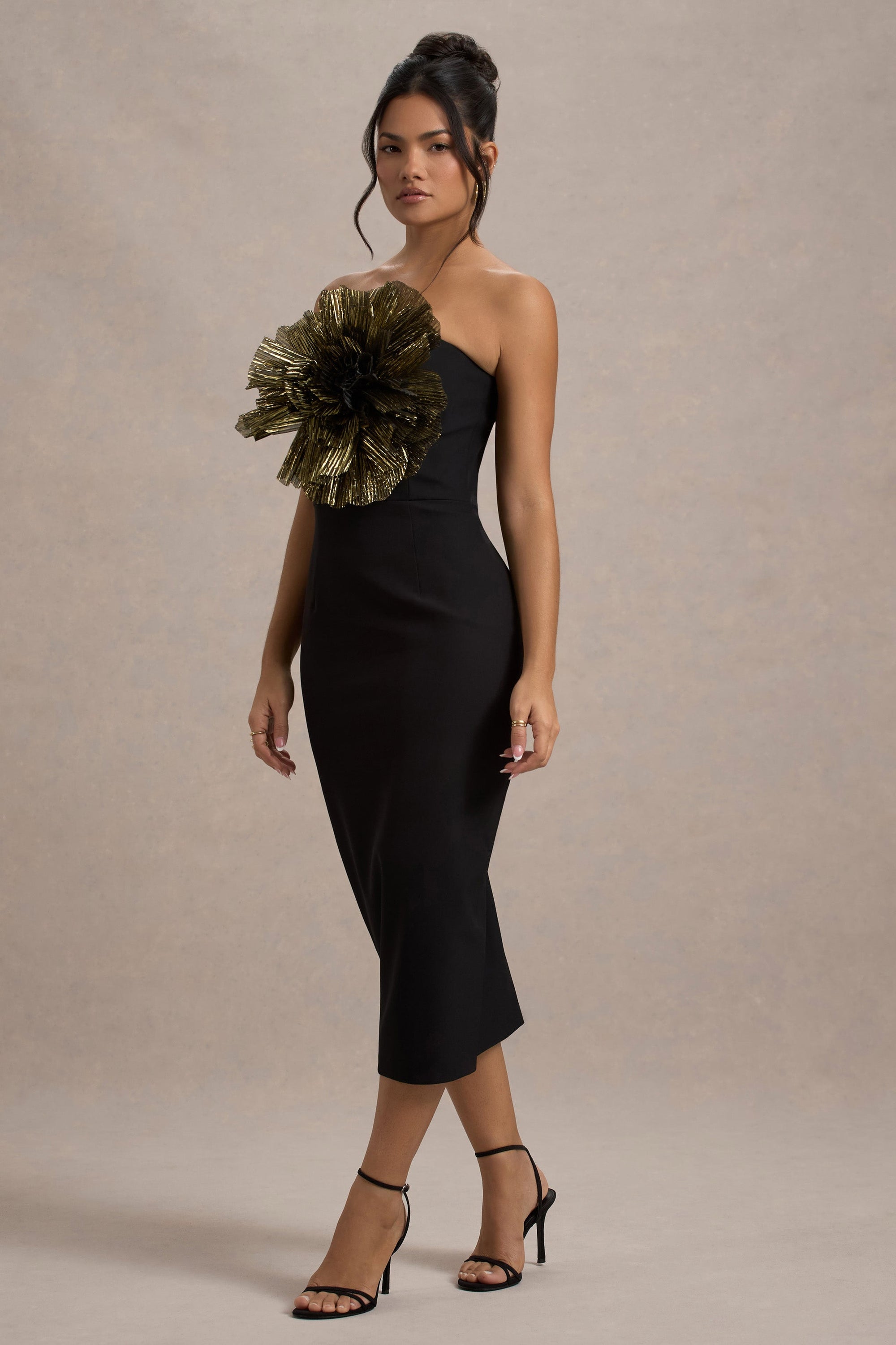 Moya | Czarno-Złota Sukienka midi typu Bodycon z Detalem gorsetu
