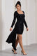 Crimson Cut | Czarna welurowa kwiatowa sukienka mini z szarfą typu bodycon na długi rękaw