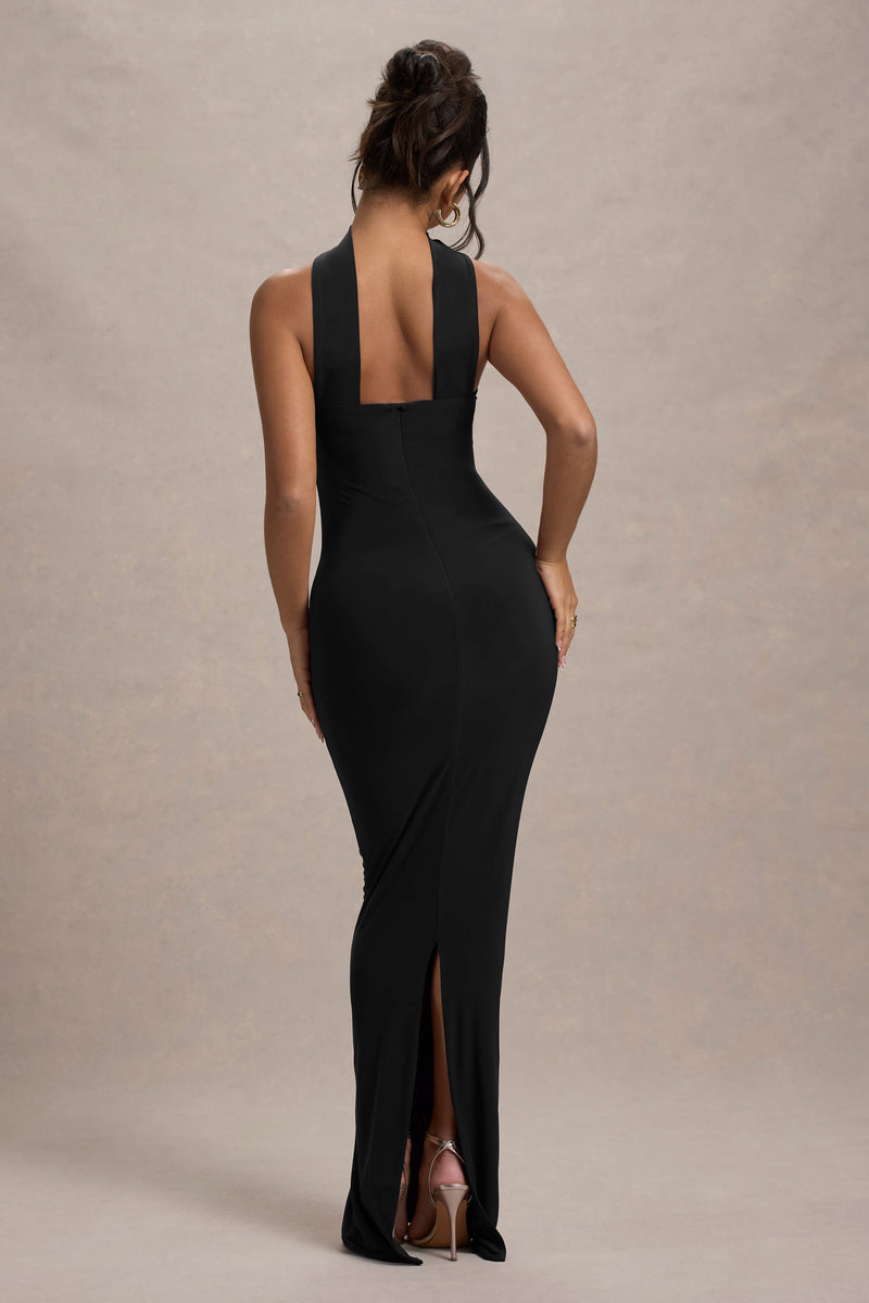 Nobu | Czarna Sukienka Maxi z dekoltem typu Bandeau i kołnierzem typu Halter