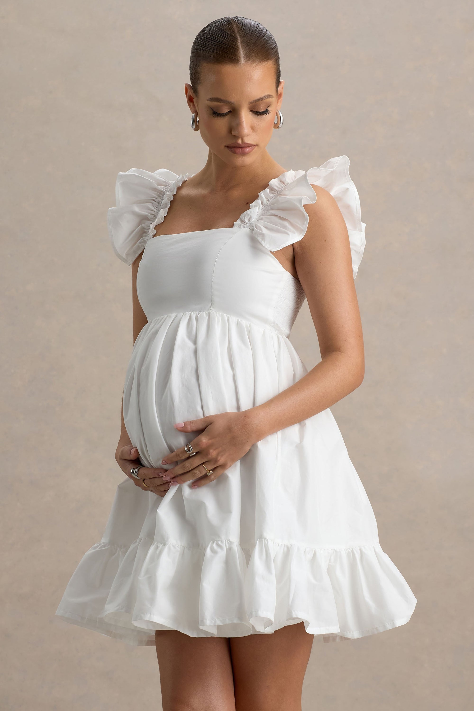 Dolly Daze | Biała Babydoll Sukienka Ciążowa Mini z bufiastymi rękawami