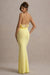 Francoise | Cytrynowa Sukienka Maxi z Dekoltem typu cowl, Odkrytymi Plecami i Koronkową Wstawką