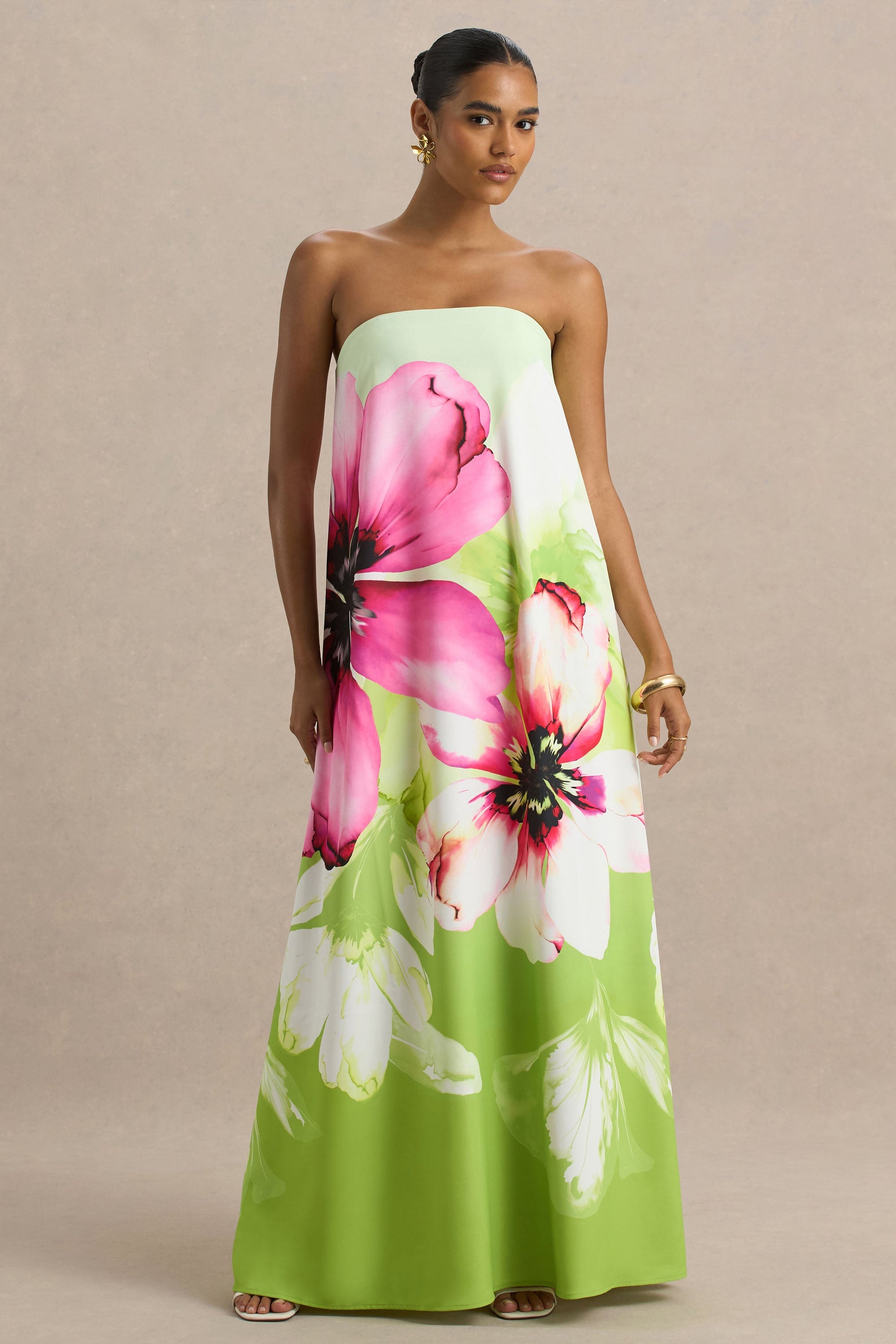 Ellery | Limonkowa Sukienka Maxi w Kwiaty z Dekoltem Typu Bandeau