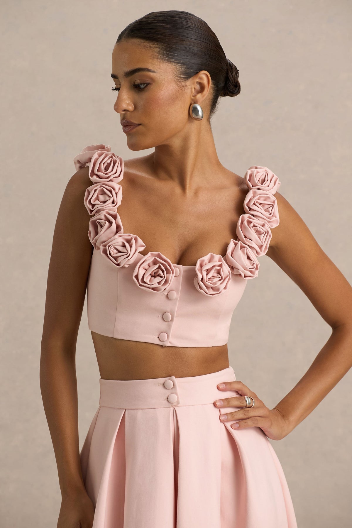 Blade | Różowy Crop Top z Okrągłym Dekoltem i Bukiecikami