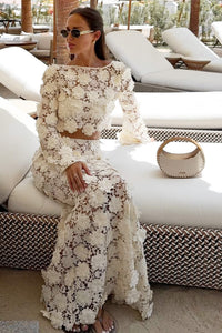 Ibiza | Kremowy Koronkowy Top z Falowanymi Rękawami