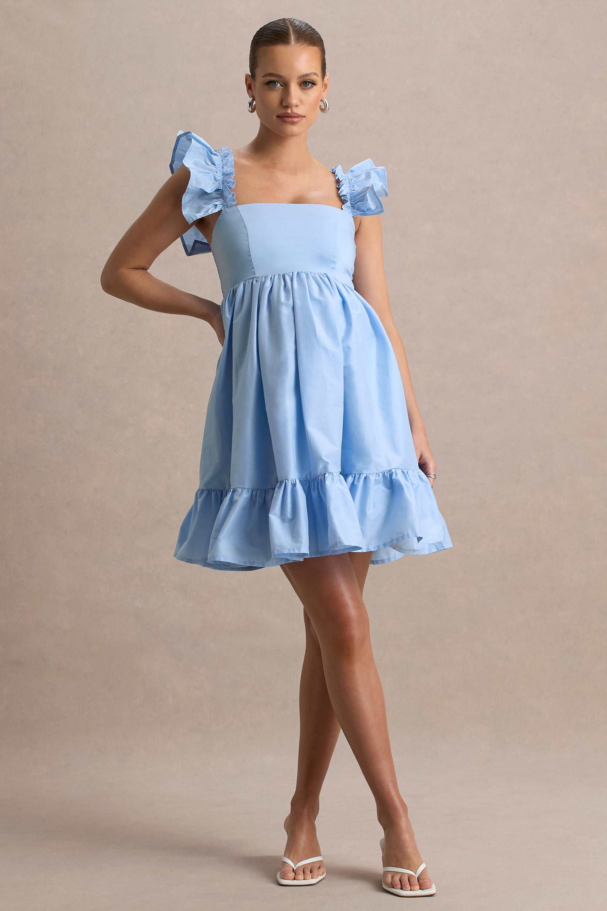 Dolly Daze | Błękitna Babydoll Sukienka Ciążowa Mini z bufiastymi rękawami