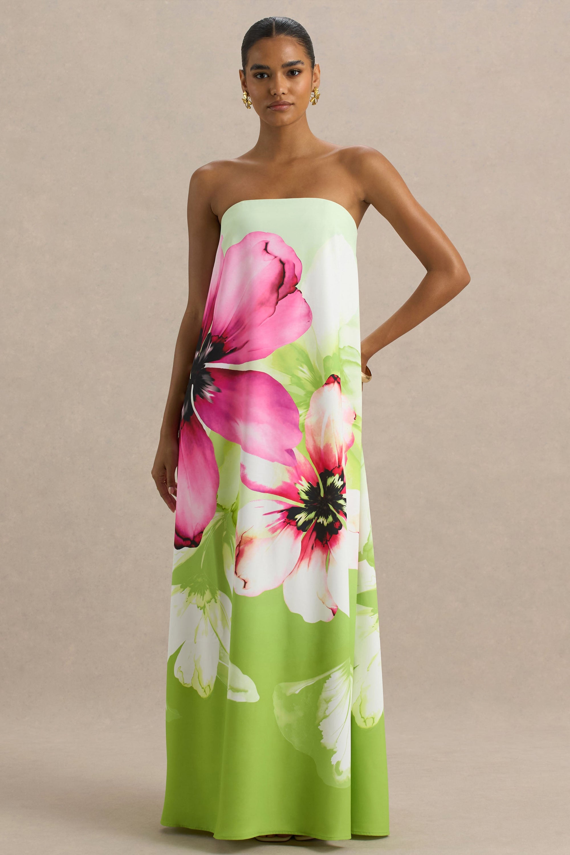 Ellery | Limonkowa Sukienka Maxi w Kwiaty z Dekoltem Typu Bandeau