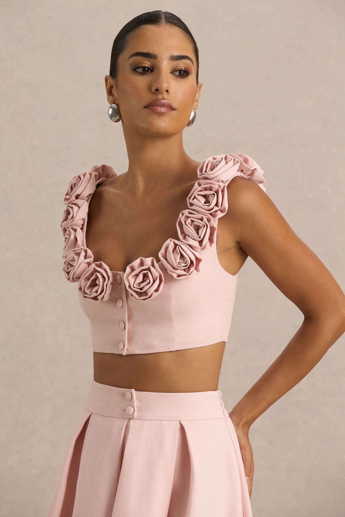 Blade | Różowy Crop Top z Okrągłym Dekoltem i Bukiecikami