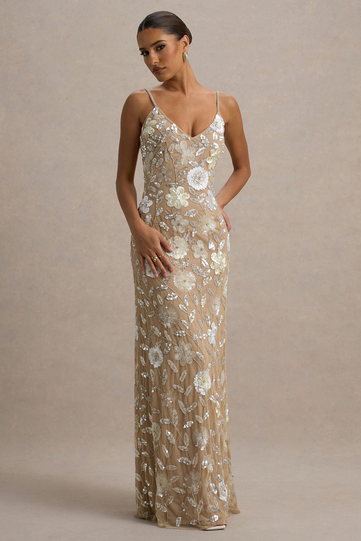 Gemini | Kwiatowa cekinowa zdobiona sukienka maxi na cienkich ramiączkach