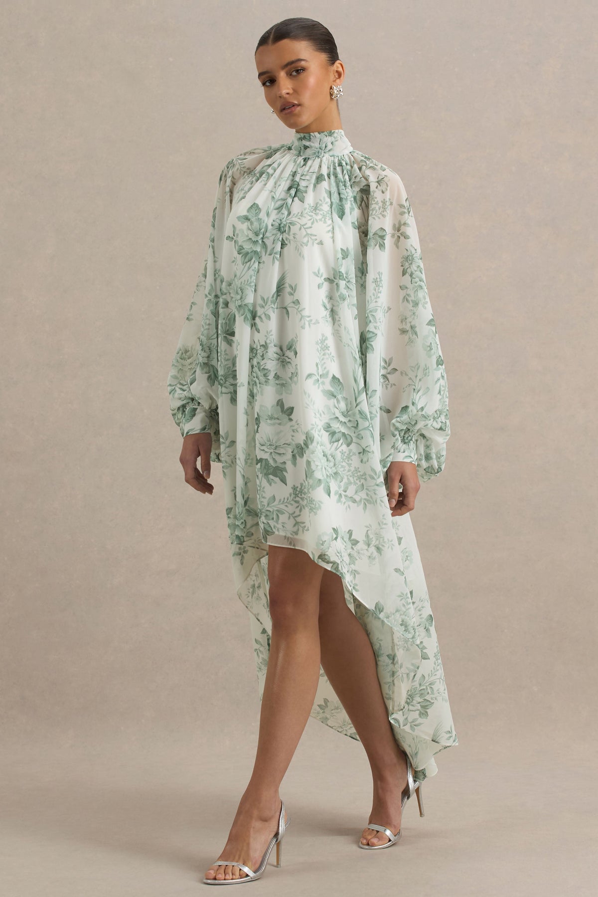 Delphia | Zielona Sukienka Maxi w Kwiaty z Stójką