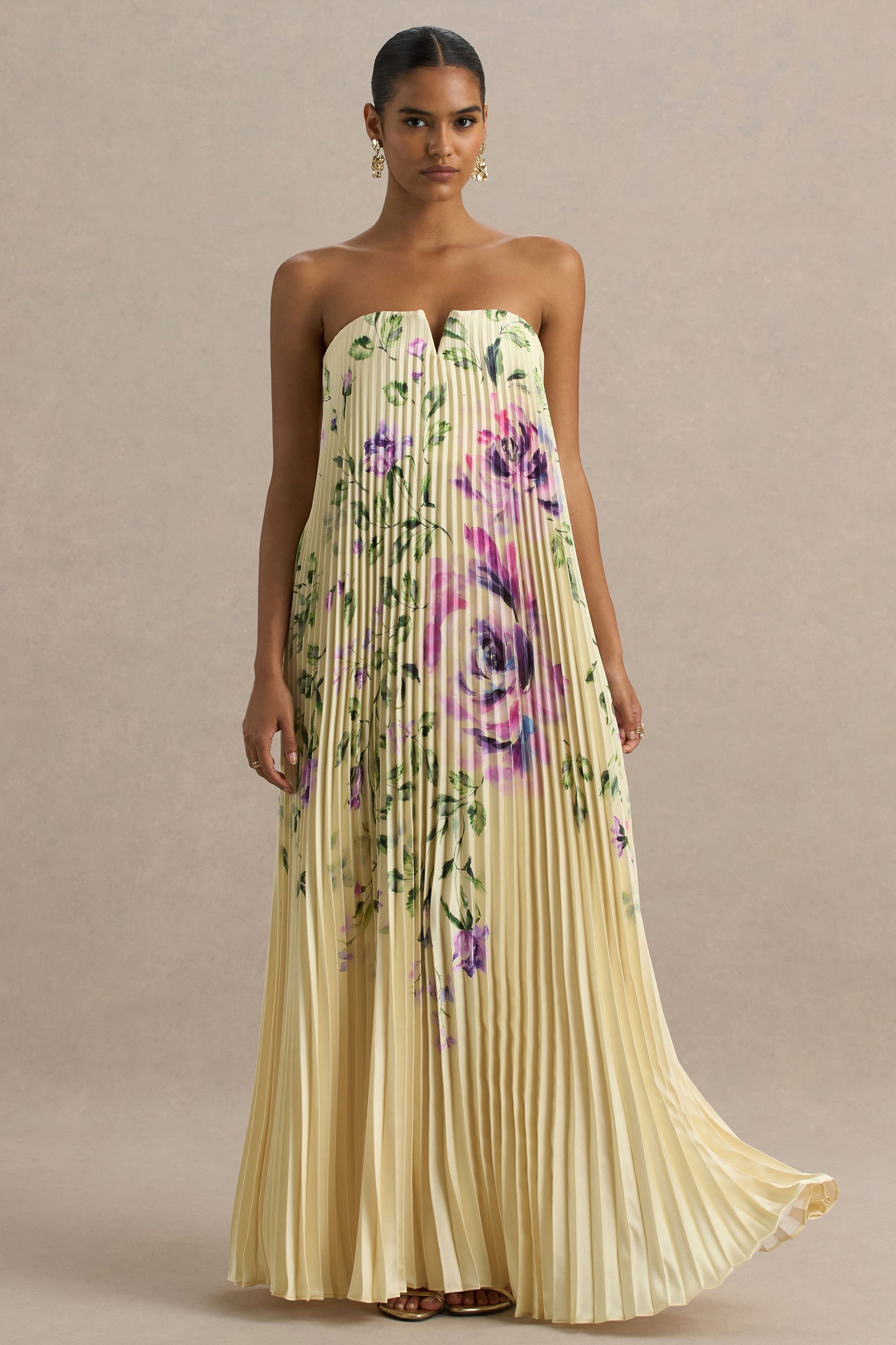 Bergamot | Cytrynowa Satynowa Sukienka Maxi w Kwiaty z Dekoltem Typu Sweetheart