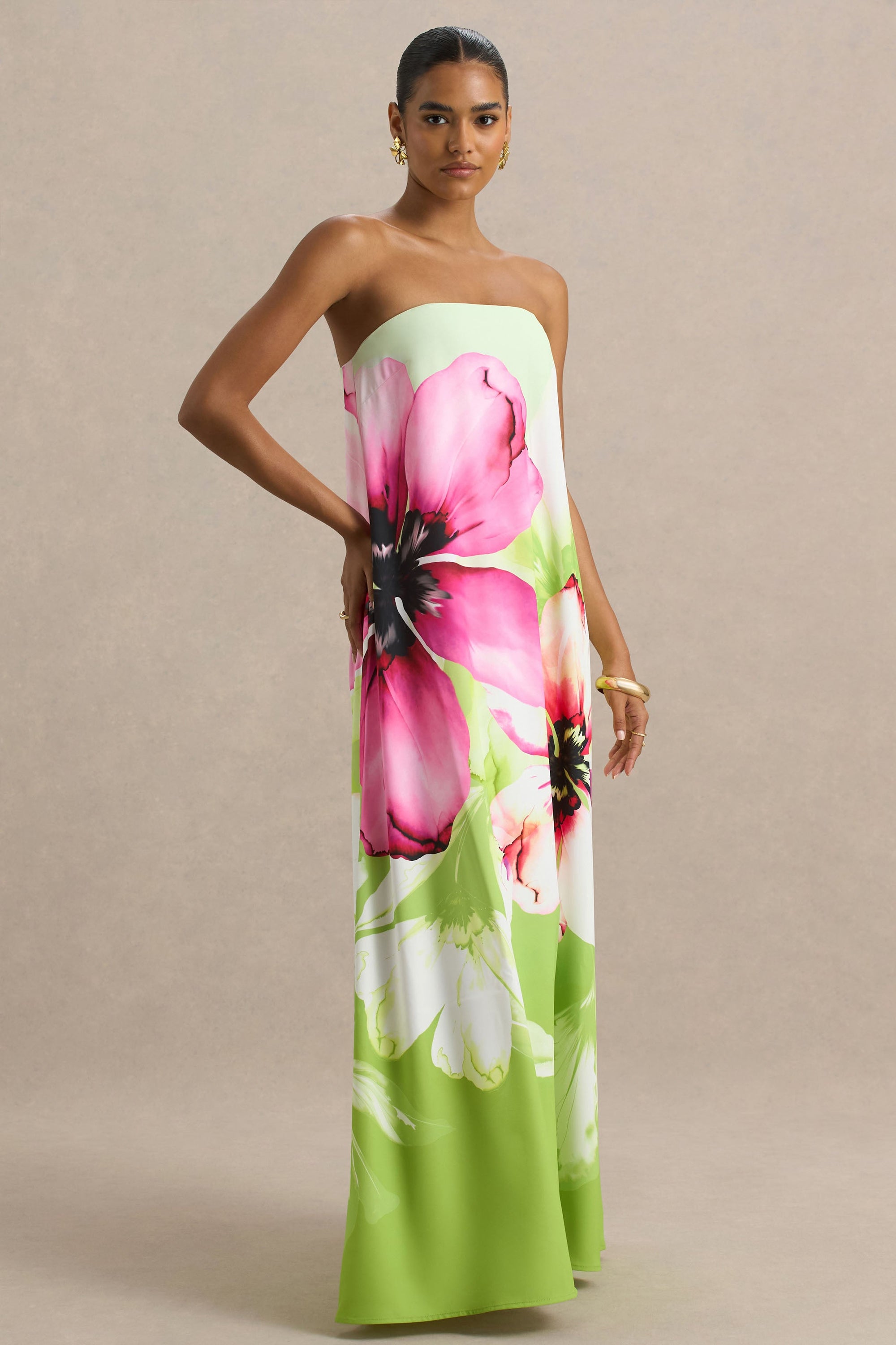 Ellery | Limonkowa Sukienka Maxi w Kwiaty z Dekoltem Typu Bandeau