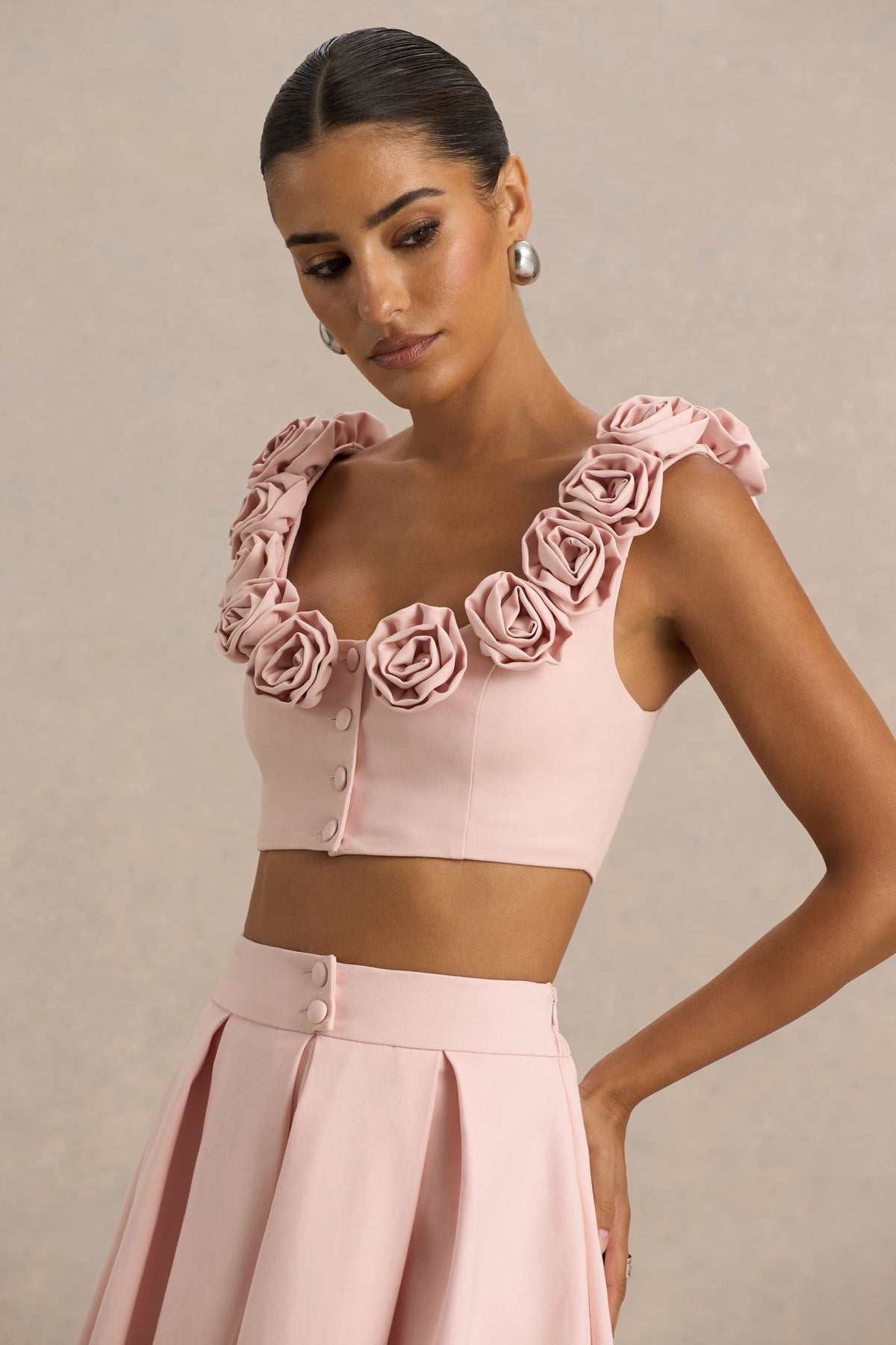 Blade | Różowy Crop Top z Okrągłym Dekoltem i Bukiecikami