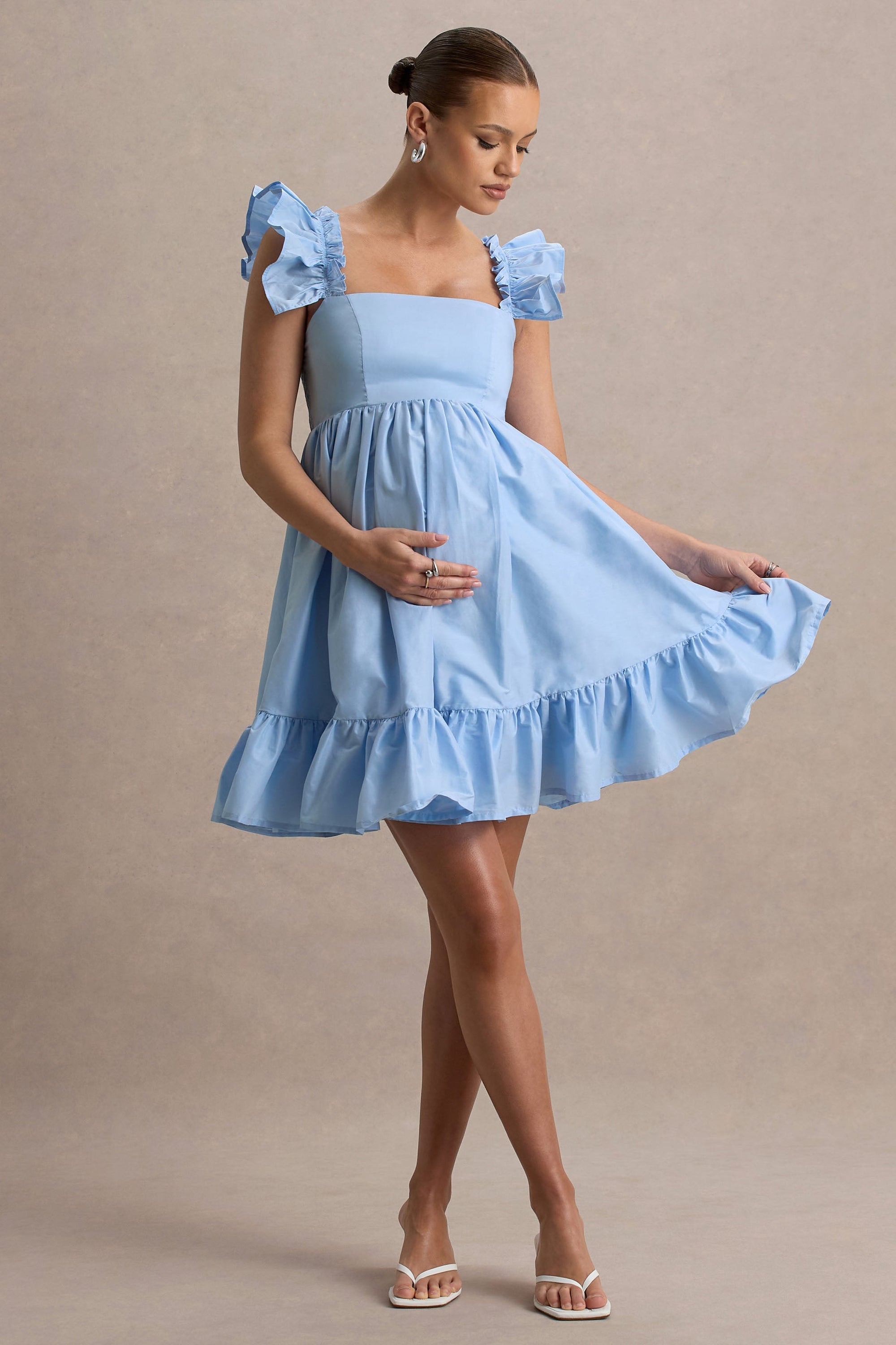 Dolly Daze | Błękitna Babydoll Sukienka Ciążowa Mini z bufiastymi rękawami